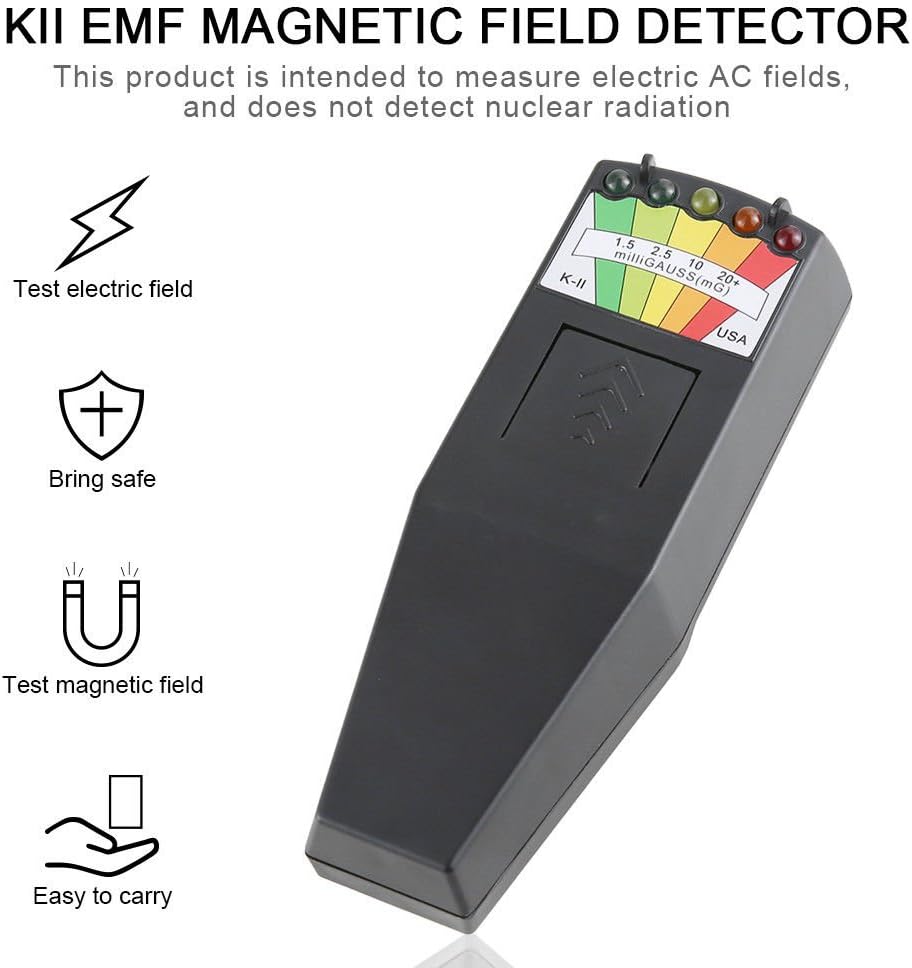 K-II EMF Meter showing icons for testing electric and magnetic fields, and ease of carry.