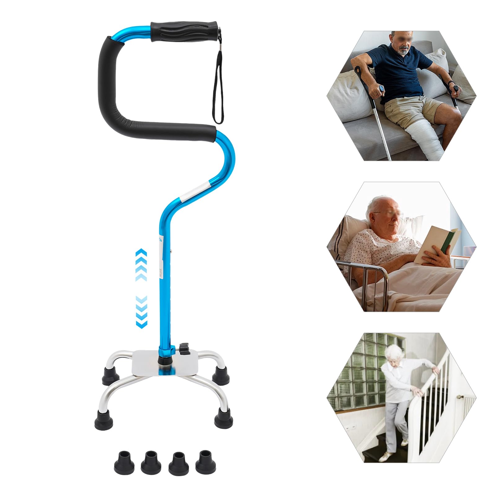 Bastone da passeggio a quattro piedi, supporto per piedi a quattro piedi, regolabile in altezza, fino a 136 kg, per uomini, donne e anziani (blu)