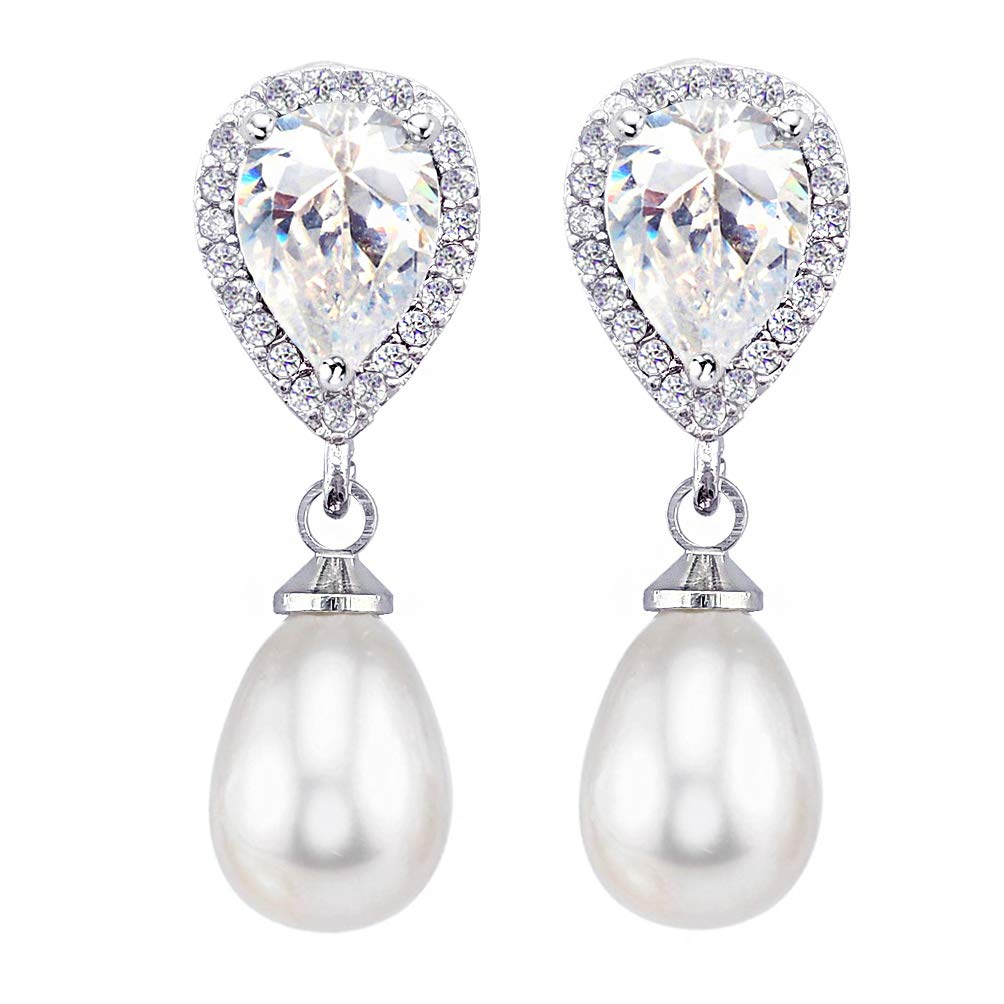 HAISWETBridesmaid Simulated Pearl Earrings Cubic Zirconia Wedding Drop Earrings Silver Tone