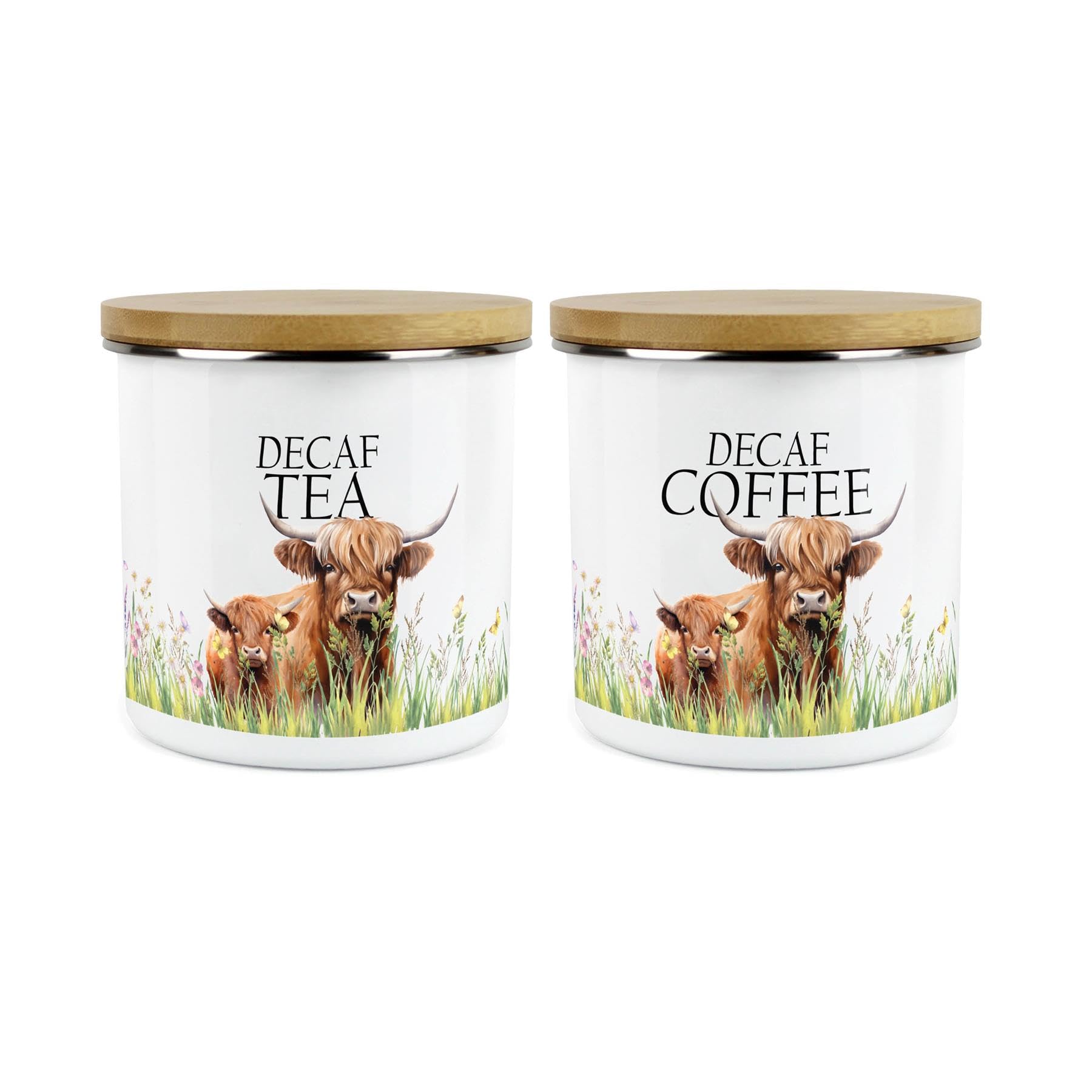 Purely Home Highland Cow & Calf Kitchen Canisters Set - Countryside Farm Metal Enamel Decaf Tea Decaf Coffee Hot Drinks Storage Container Set Of 2