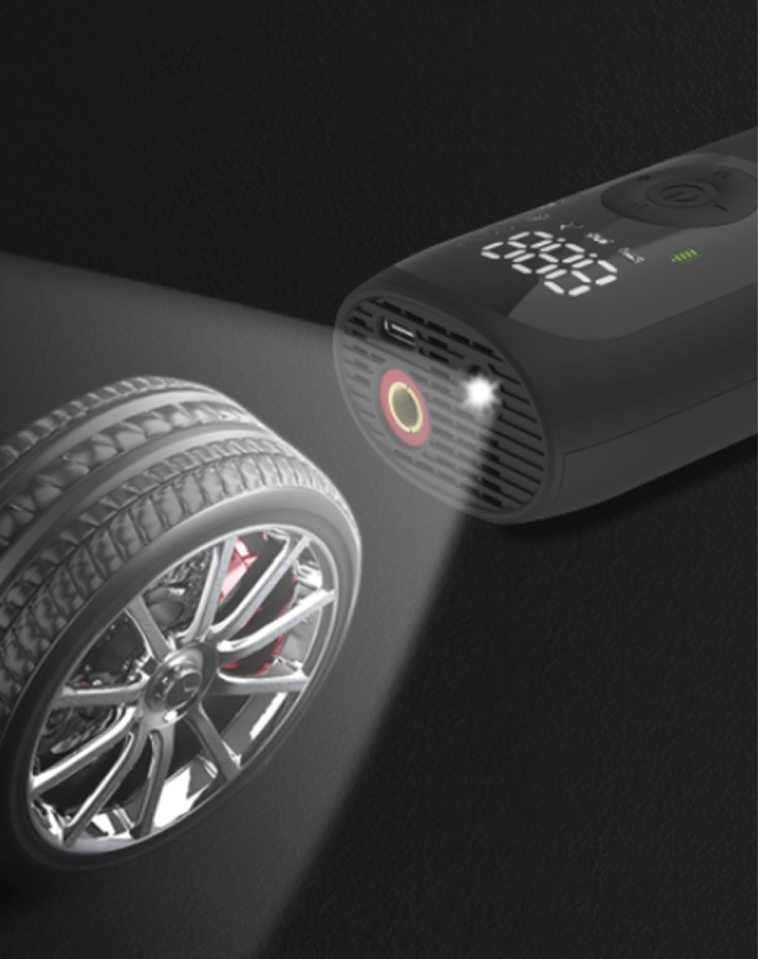 ODYS FlexPump akkubetriebener tragbarer elektrischer Luftkompressor Luftpumpe für Auto, Motorrad, Scooter, Fahrrad, Bälle (0-10Bar/0-150PSI, 2000mAh, Aufladung per USB-C, digitale Anzeige, LED Licht)