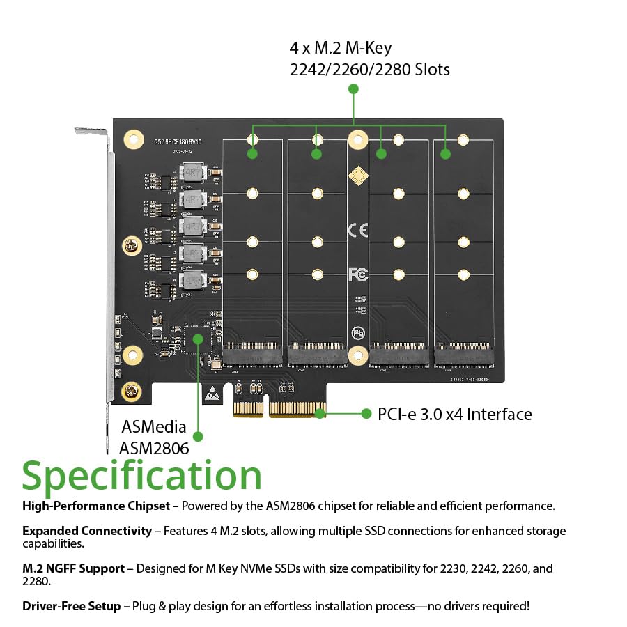 Amazon.com: Quad Port PCIe 3.0 x4 NVMe M.2 SSD (m Key) 2280 2260