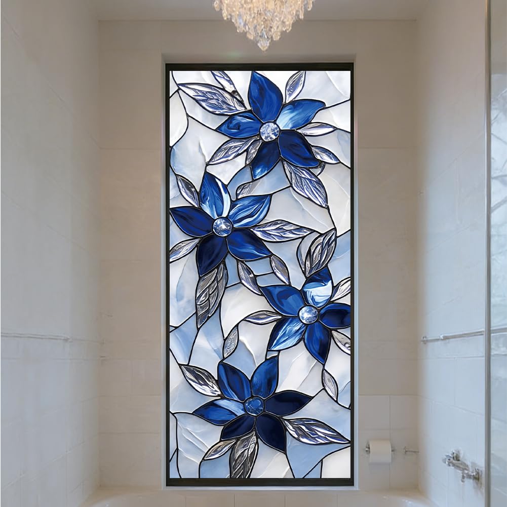 PRESSINART Window Privacy Film Blue Flowers 17.5 x 39.4 Inch Removable Vinyl Static Cling, Stain Glass Window Cling Decorative UV Heat Blocking Rainbow Decals for Glass Doors Living Room Home Decor
