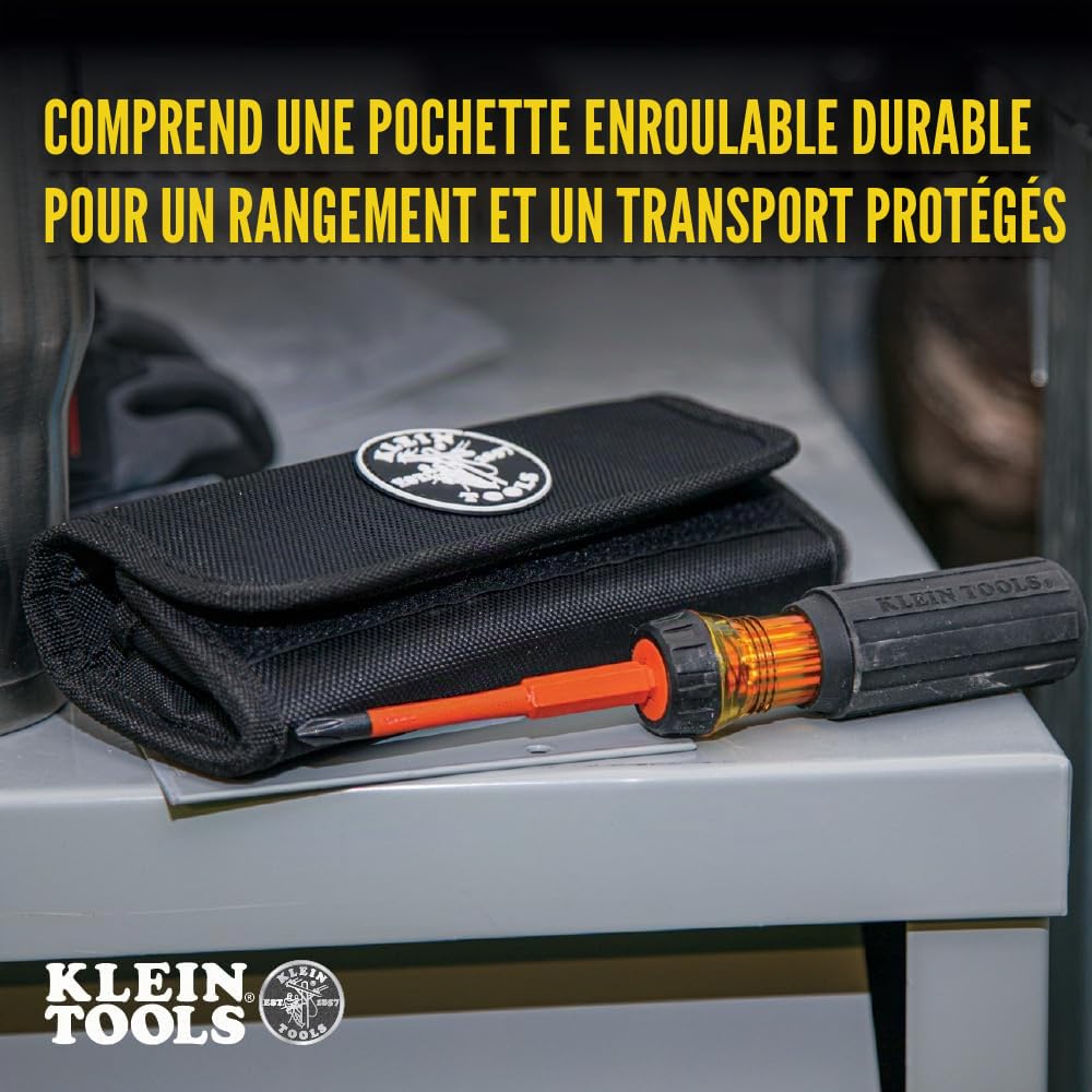 Klein Tools 32288 Tournevis isolé 8 en 1 avec lames interchangeables, 3 Phillips, 3 fentes et 2 pointes carrées, noir/orange