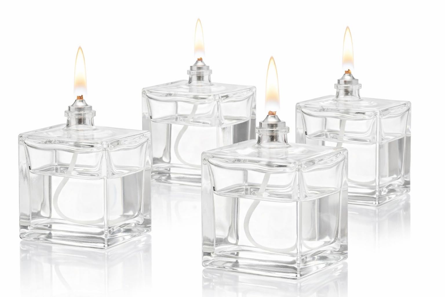 Öllampen Set 4x Mini Cube Glas 80 ml – Nachfüllbare Tisch-Öllampen für Innen & Außen – Deko Beleuchtung für Restaurant, Bar, Terrasse & Zuhause
