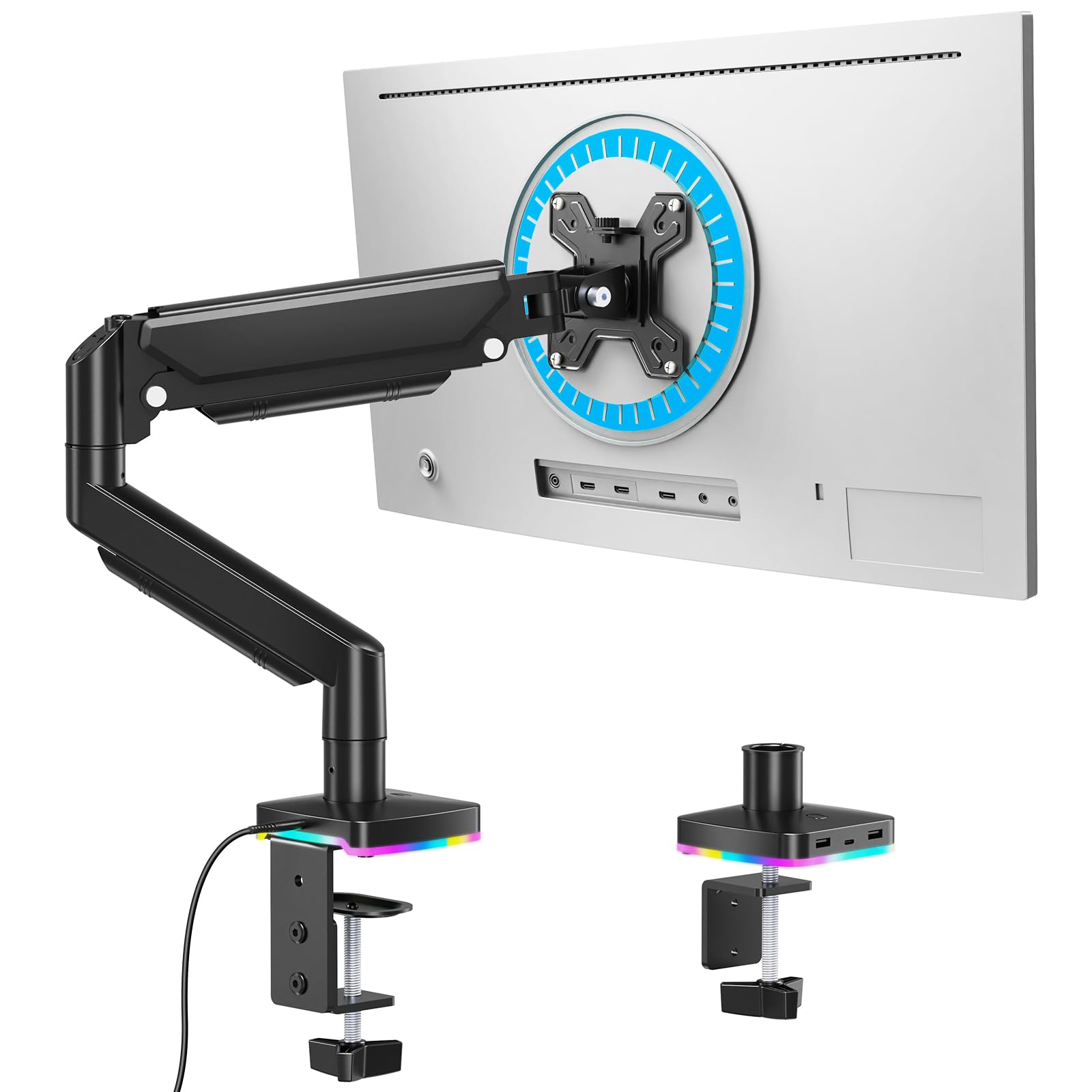Afaloona Supporto per monitor singolo RGB, braccio per monitor a molla a gas con 3 porte USB, funzione di ricarica e trasferimento dati USB, supporto da scrivania per monitor da 13"-32" fino a 9 kg