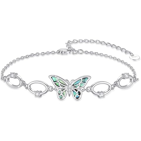 Cuoka Butterfly Bracelet for Women 925 Sterling Silver Abalone Shell bracelets Adjustable Jewelry Gifts on Birthday Mother's Day Anniversary Valentine's Day Christmas