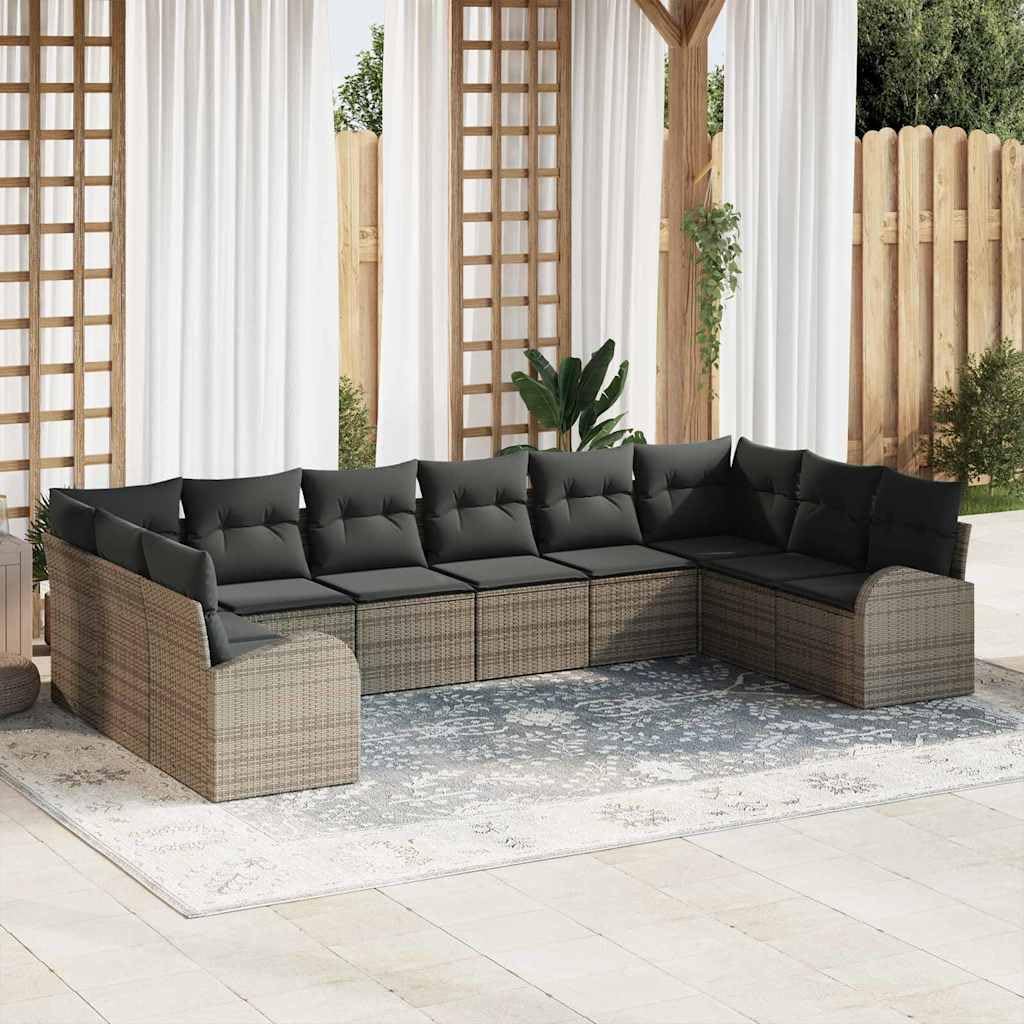 Set Divano da Giardino 10 Pezzi in Polyrattan Grigio con Cuscini | Salotto componibile da esterno per 8 persone, ideale per arredare il terrazzo e il patio con stile e comfort.