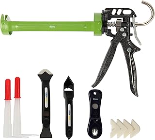 XINQIAO Caulk Gun Premium Caulking Gun, Labor Saving Universal 10 OZ Silicone Caulk Gun with 12 Pcs Caulking Tool Kit& Caulk Remover, 18:1 Thrust Ratio, Green