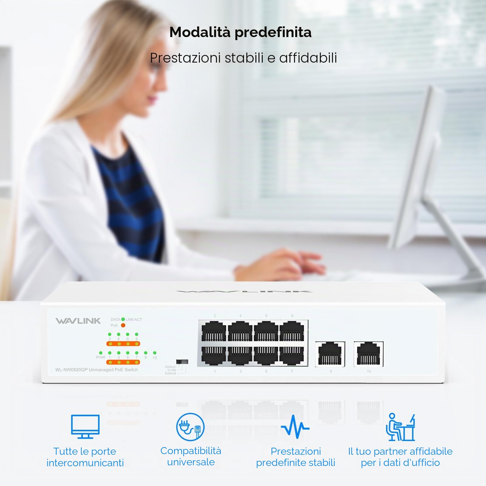 WAVLINK Switch Gigabit Non Gestito a 10 Porte con 8 Porte PoE+ e 2 Uplink, Budget PoE Totale 120W, IEEE 802.3af/at, Modalità VLAN, Default ed Extend, Montaggio a Parete o da Tavolo