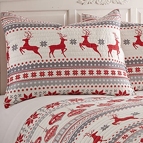 Levtex Home - Silent Night Quilt Set - Twin Quilt (68In. X 86In.) + One Standard Pillow Sham (20In. X 26In.) - Fair Isle Deer - Red, Grey, White - Reversible - Cotton #TOP4
