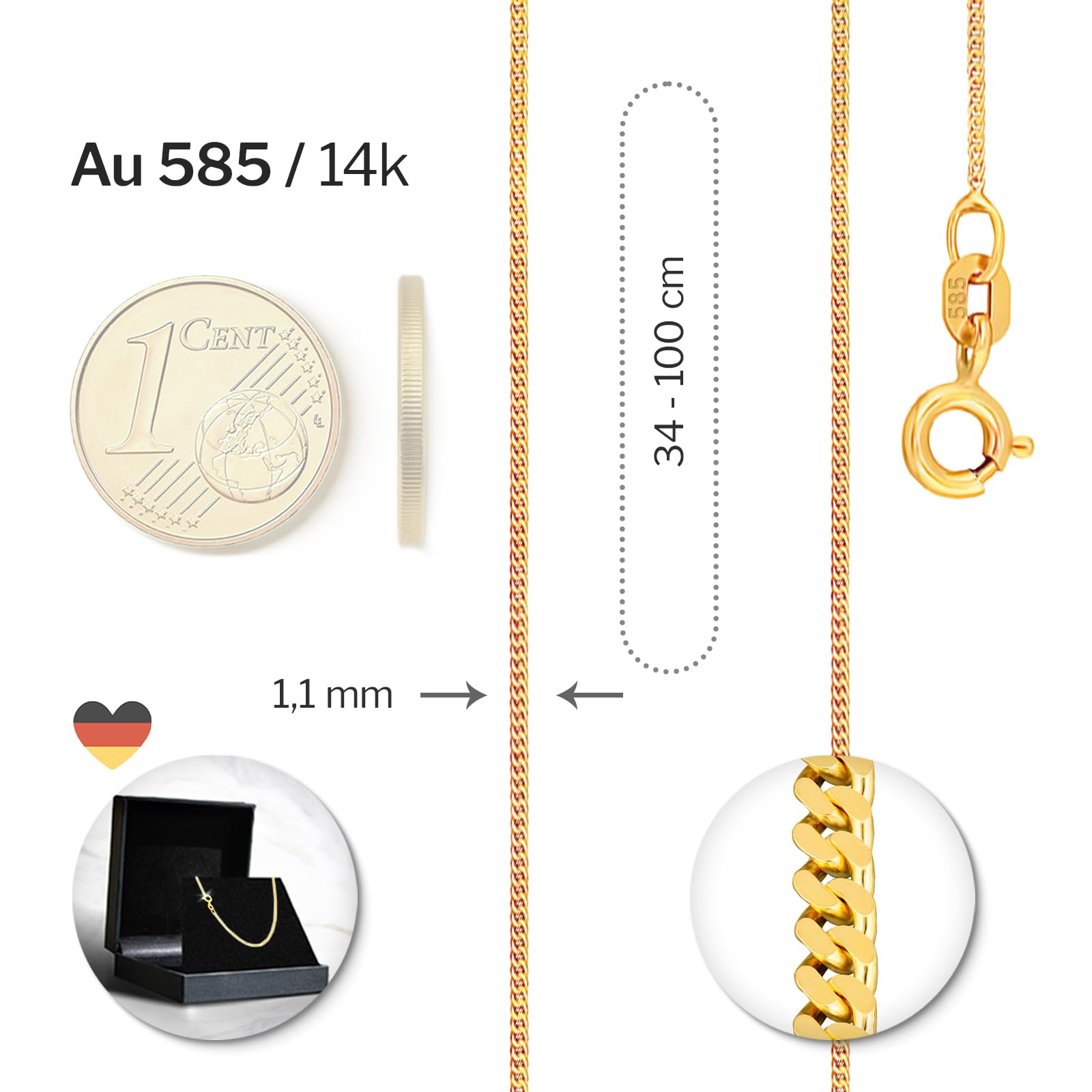 EDELIND 18K 14K 9K 8K Oro Amarillo Cadena barbada plana fina 1.1 mm para Mujer Niña De 34 a 90 cm Collar Unisex de Oro macizo con Caja de Regalo de Joyería