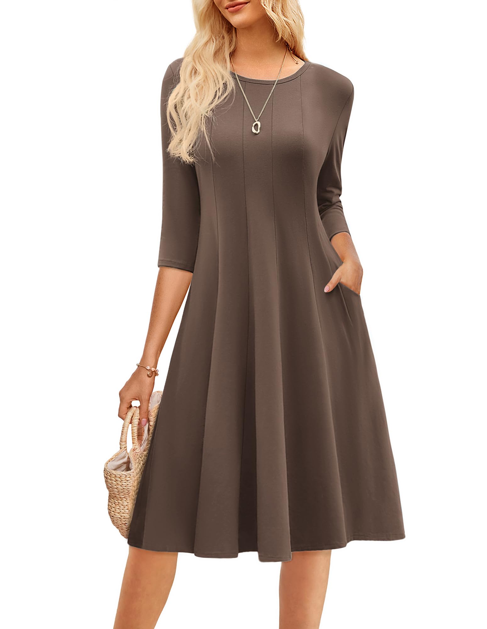 GRACE KARIN Women Summer Dress 2026 Casual 3/4 Sleeve Church Work Dress Flowy A Line Fit and Flare Midi Dresses with Pockets Brown S