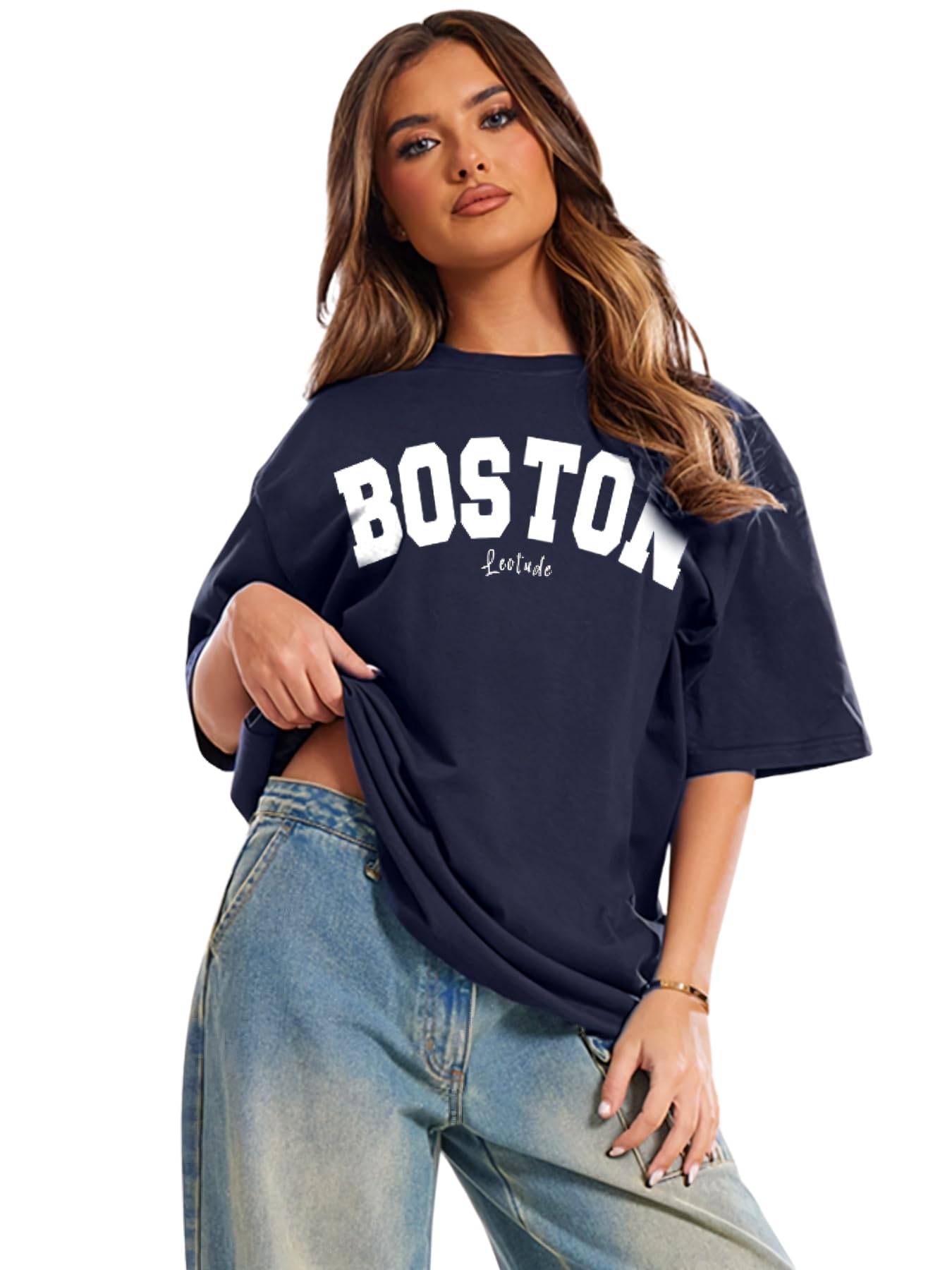 Half Sleeve Oversized Tshirt for Women, Round Neck Longline Printed Drop Shoulder Baggie T-Shirt (Color Navy Blue)
