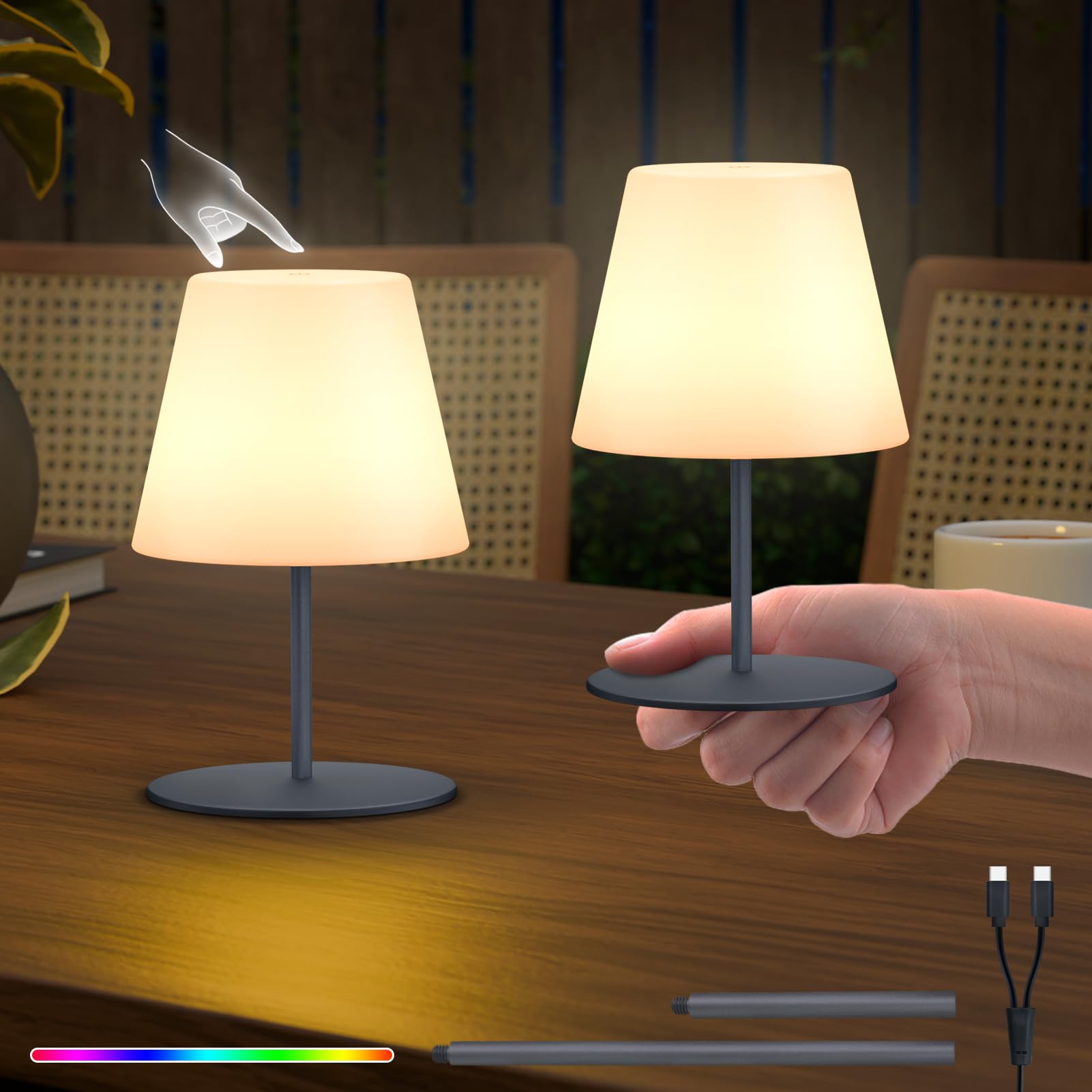 Juego de 2 lámparas LED de mesa inalámbricas, pequeñas, regulables, 8 colores, USB-C, recargables, para salón, balcón, patio, terraza
