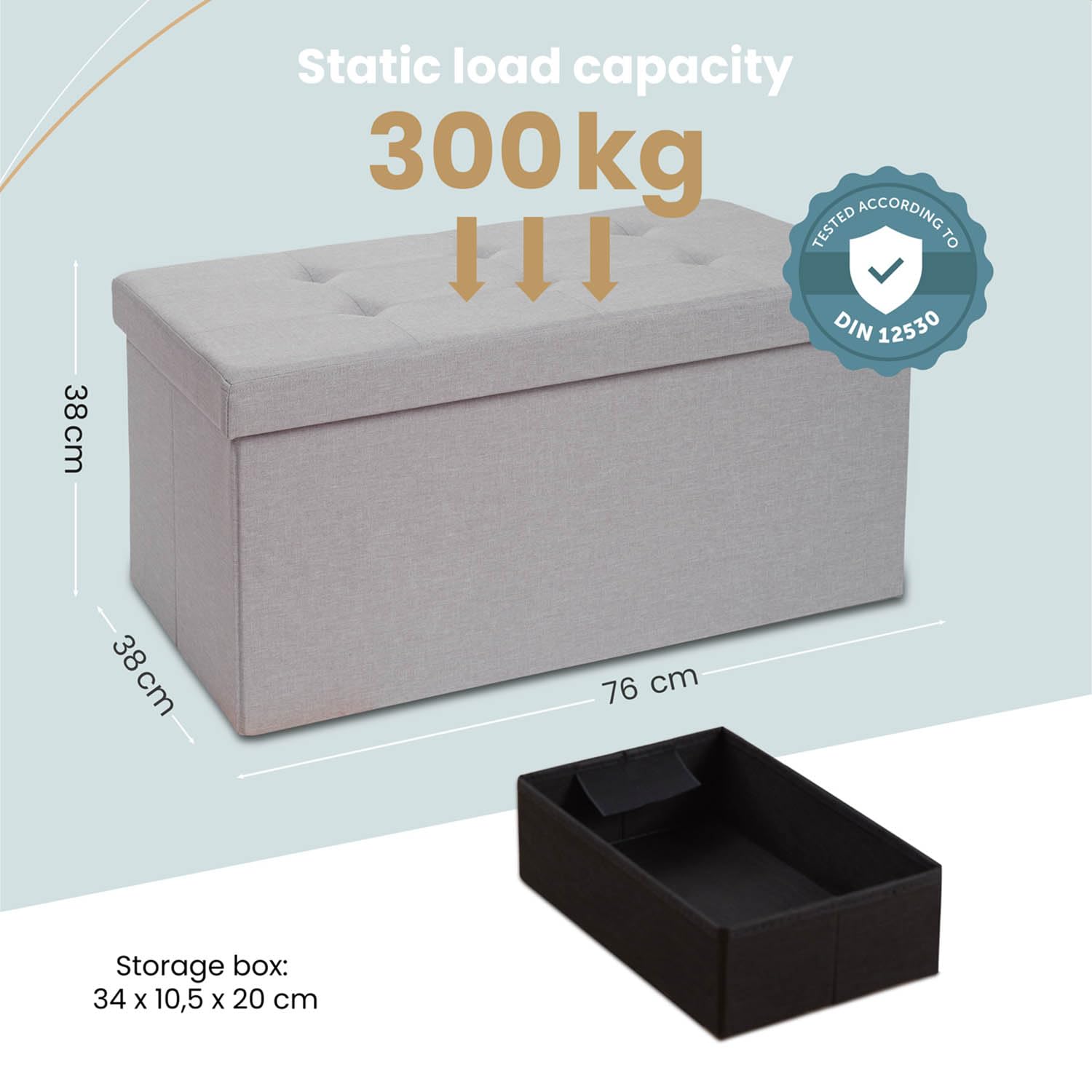 Blumtal Banc de Rangement + 2 boîtes supplémentaires - 76x38x38 cm Banc de Chambre - Gris Clair