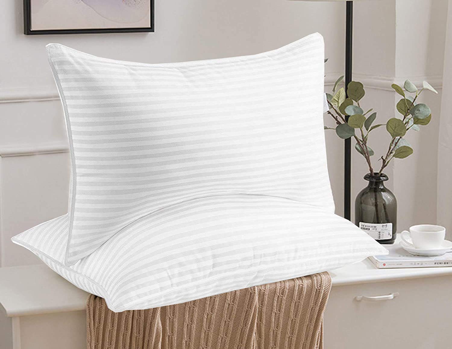 Zesture Bring Home Soft and Fluffy Sleeping Pillow Inserts Fibre Filler with Satin Stripe - 16 inch x 26 inch,White (1)