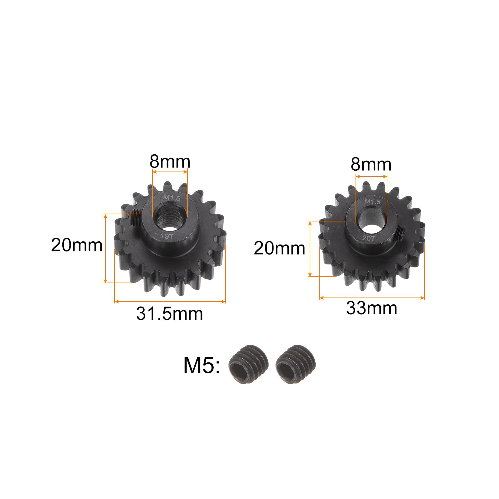 sourcing map Mod 1.5 - Juego de engranajes de piñón de 8 mm, eje 19T 20T, engranajes de motor de acero endurecido para coche RC (2 piezas)