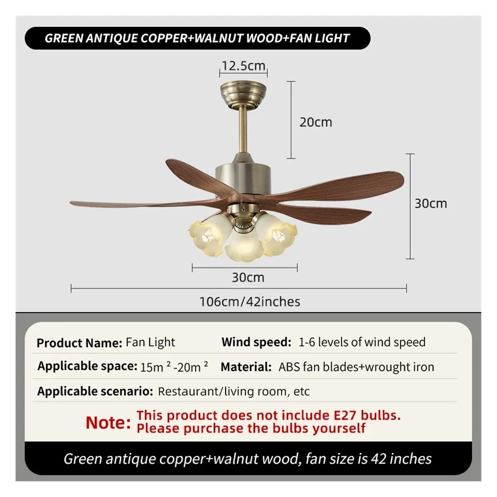 Générique Lustre, Rétro ventilateur lumière 42 pouces 5 feuilles télécommande verre suspension lampe salon salle à manger hôtel silencieux luminaire