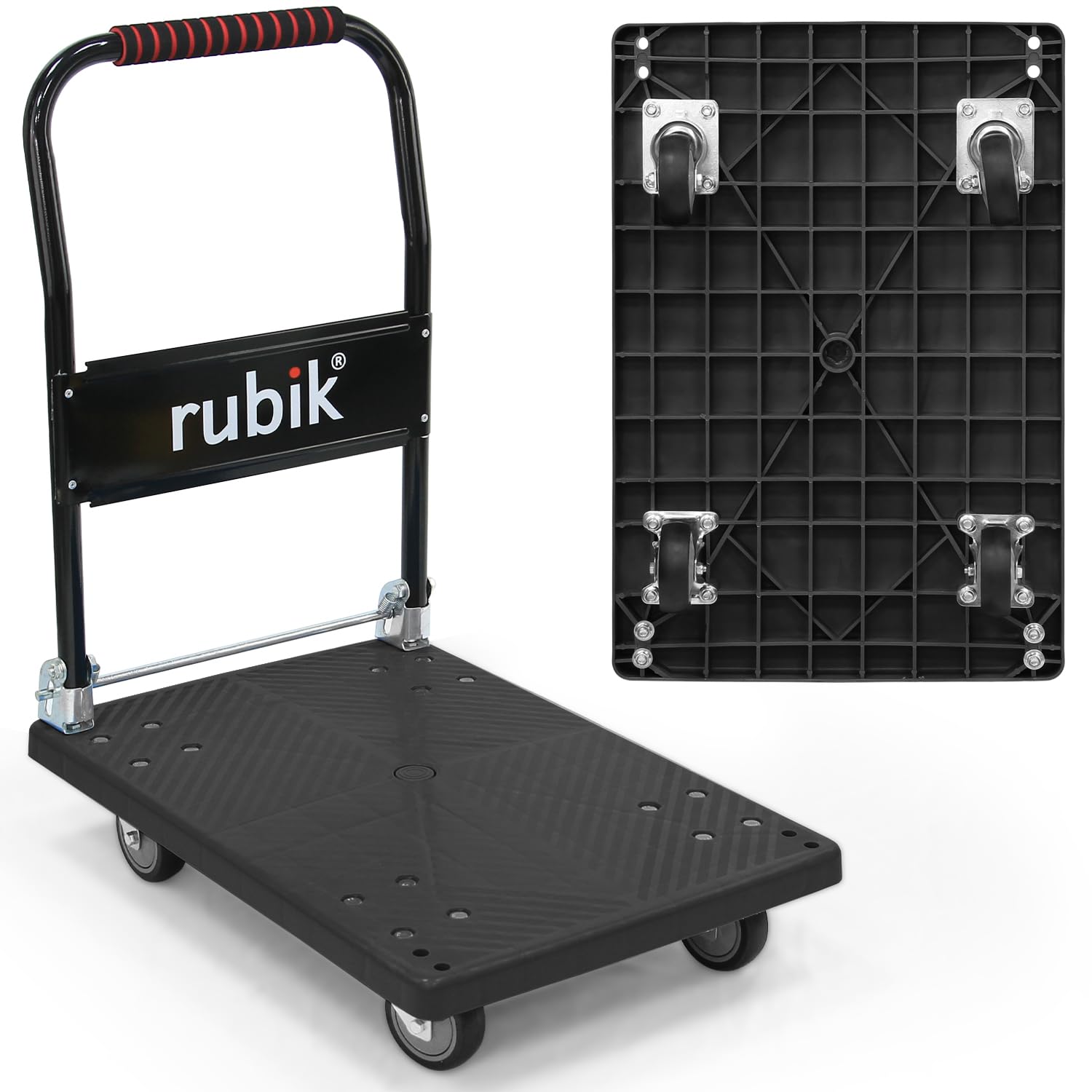 Rubik Platform Flatbed Trolley, 200kg Weight Capacity, 4 Wheels, 2 Rotating 360 Degrees, Foldable Moving Hand Truck (Size, 50x70cm) Black