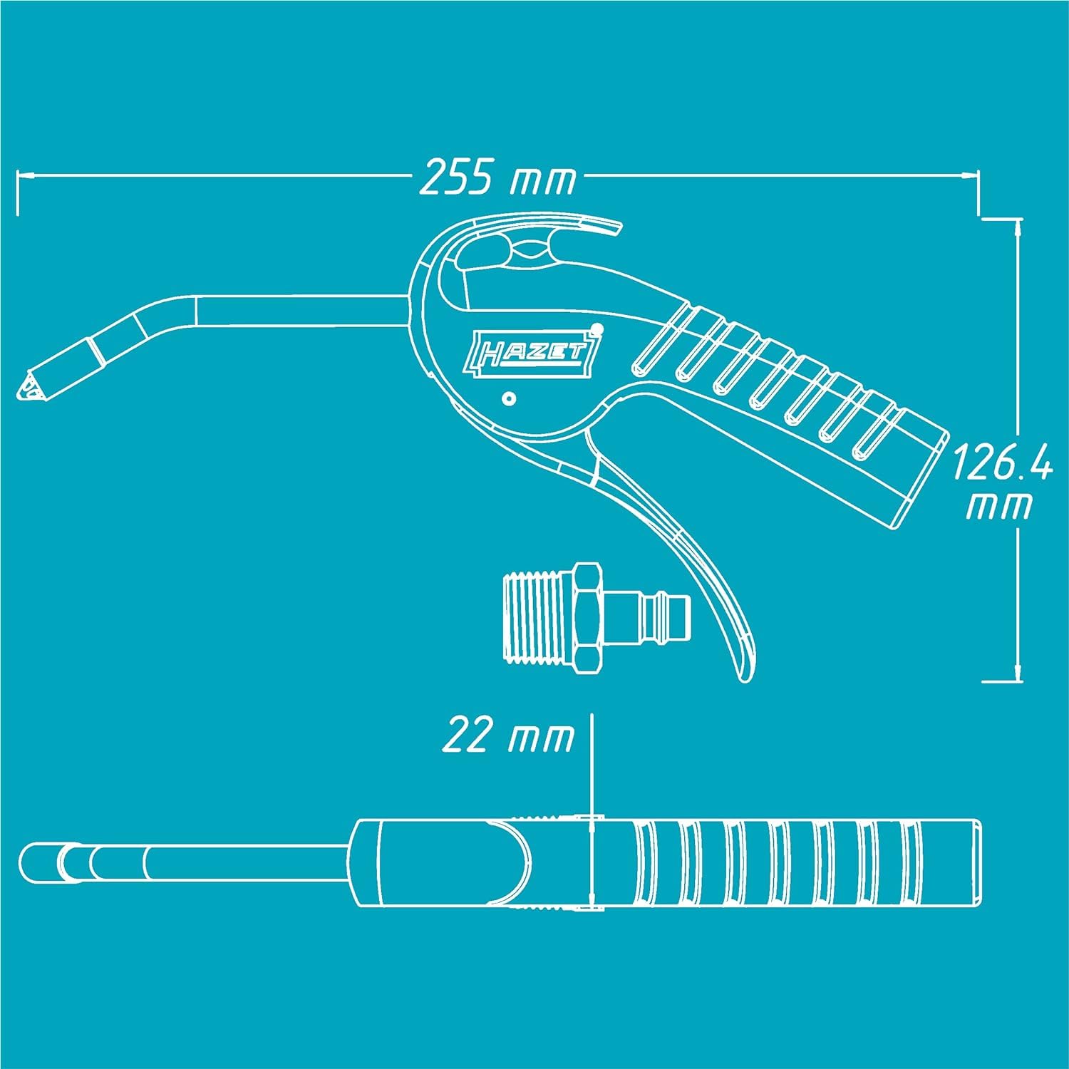 HAZET Ausblaspistole 9040P-3 I 100 mm lange, gebogene Düse, 6 bar Betriebsdruck, ergonomischer Griff I schnelles Entfernen von Spänen oder anderen Fremdkörpern I geräuscharm