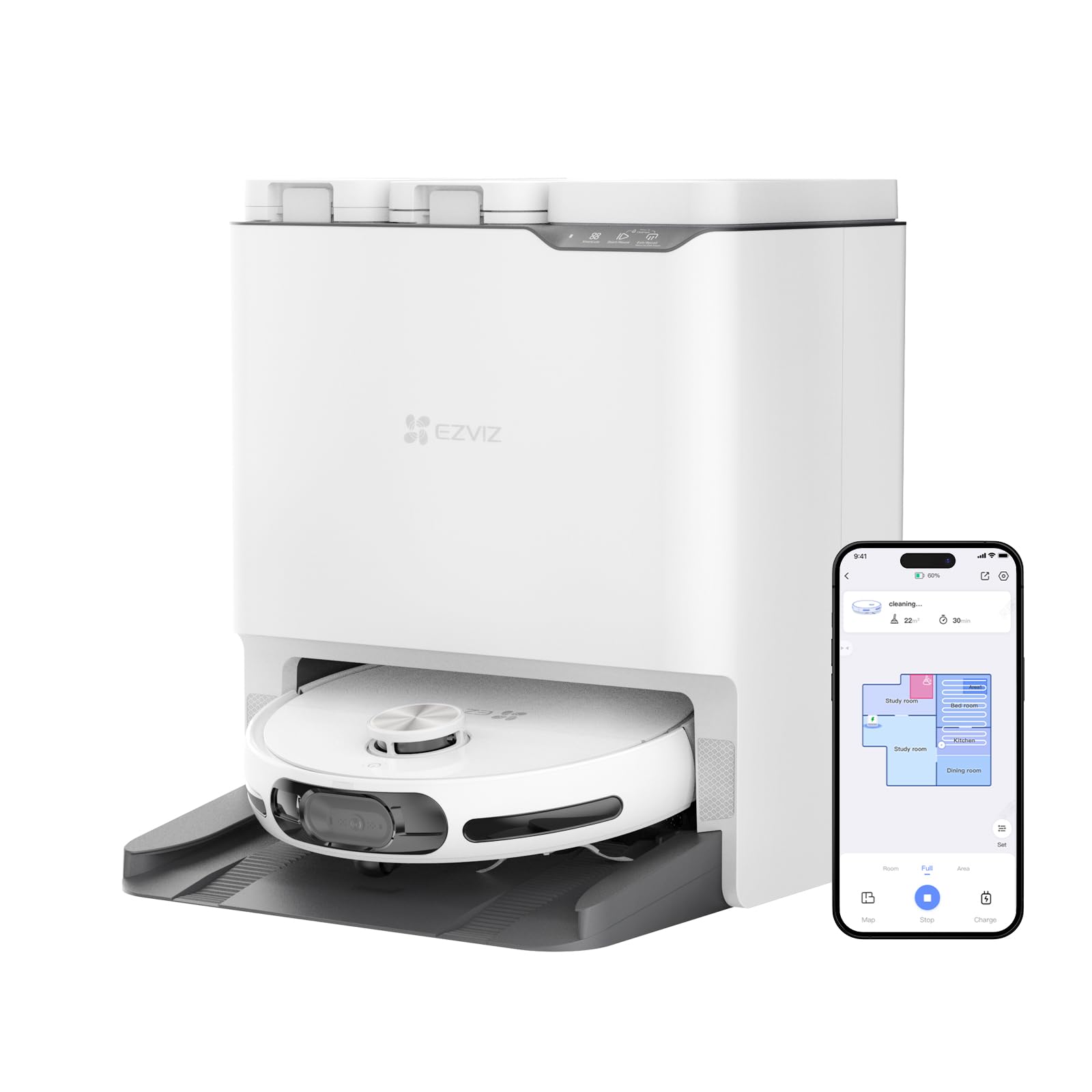 EZVIZ RS20 Max Robot Aspirateur avec Serpillière Installation & Détachement Automatique, Brosse Latérale Surélevée, 7200 Pa, Net