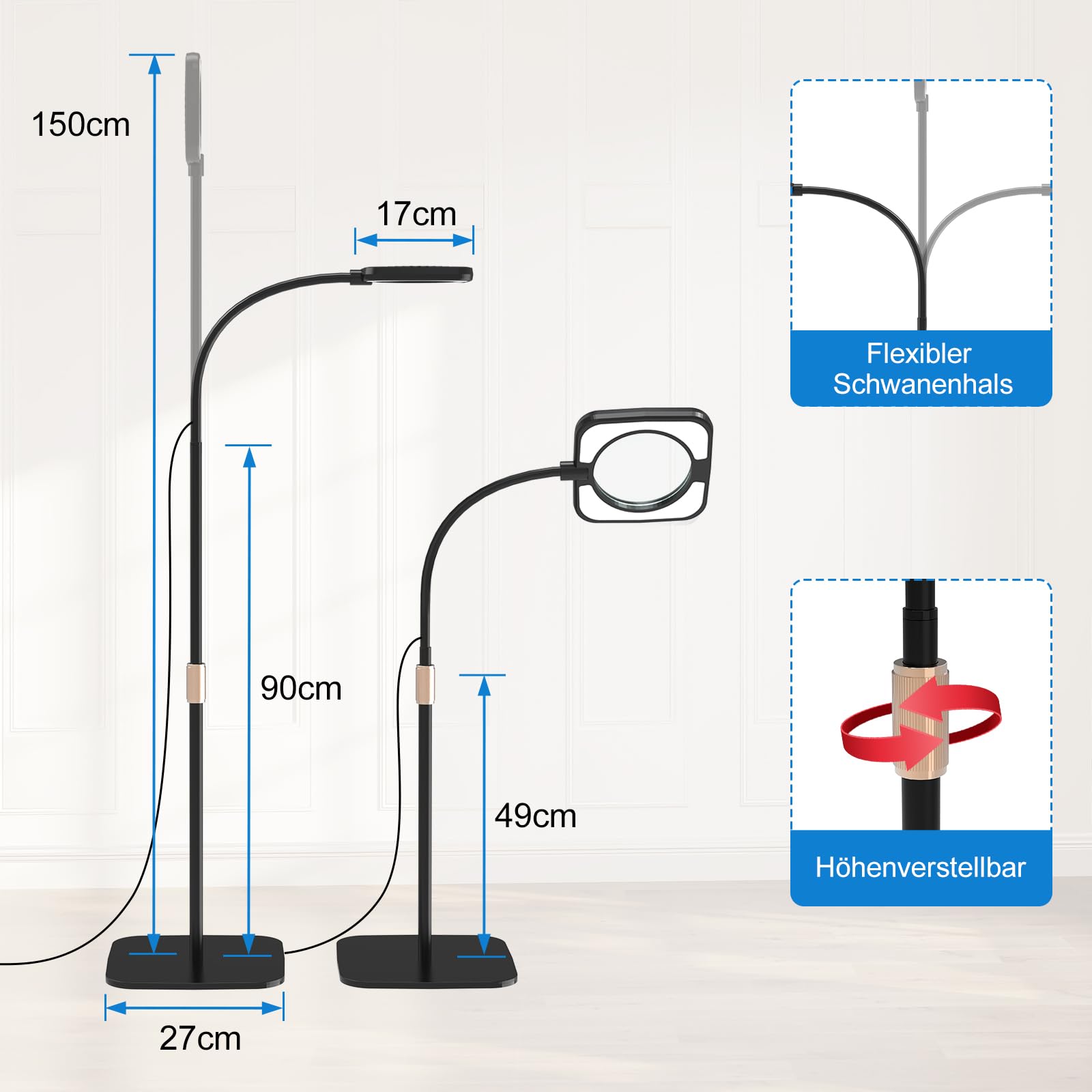 Lupa con luz y soporte – Lámpara de pie LED de 8 niveles con 3 ajustes de temperatura de color, lupa con 56 luces LED regulables para lectura, para personas mayores, pasatiempos y manualidades