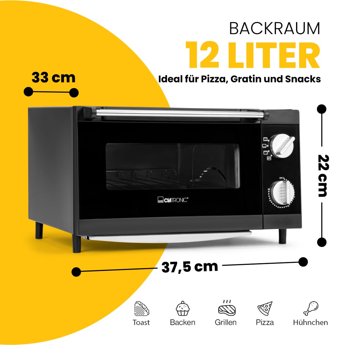 Clatronic Pizzaofen, 12 Liter Backraum, Minibackofen, zum Grillen & Aufbacken, Backofen mit Ober- & Unterhitze, Mini Backofen mit 60 Min.-Timer, Backofen klein inkl. Backblech, MPO 3520, Schwarz