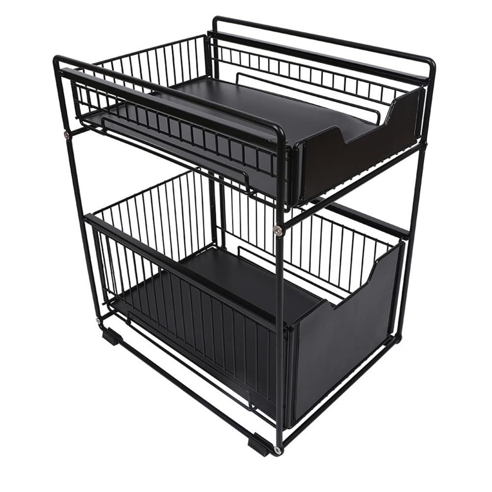 TristonSong Stackable 2-Tie Under Sink Cabinets Organizer with Sliding Storage Drawer, Pull Out Shelf, Kitchen Countertop Basket-Black Large