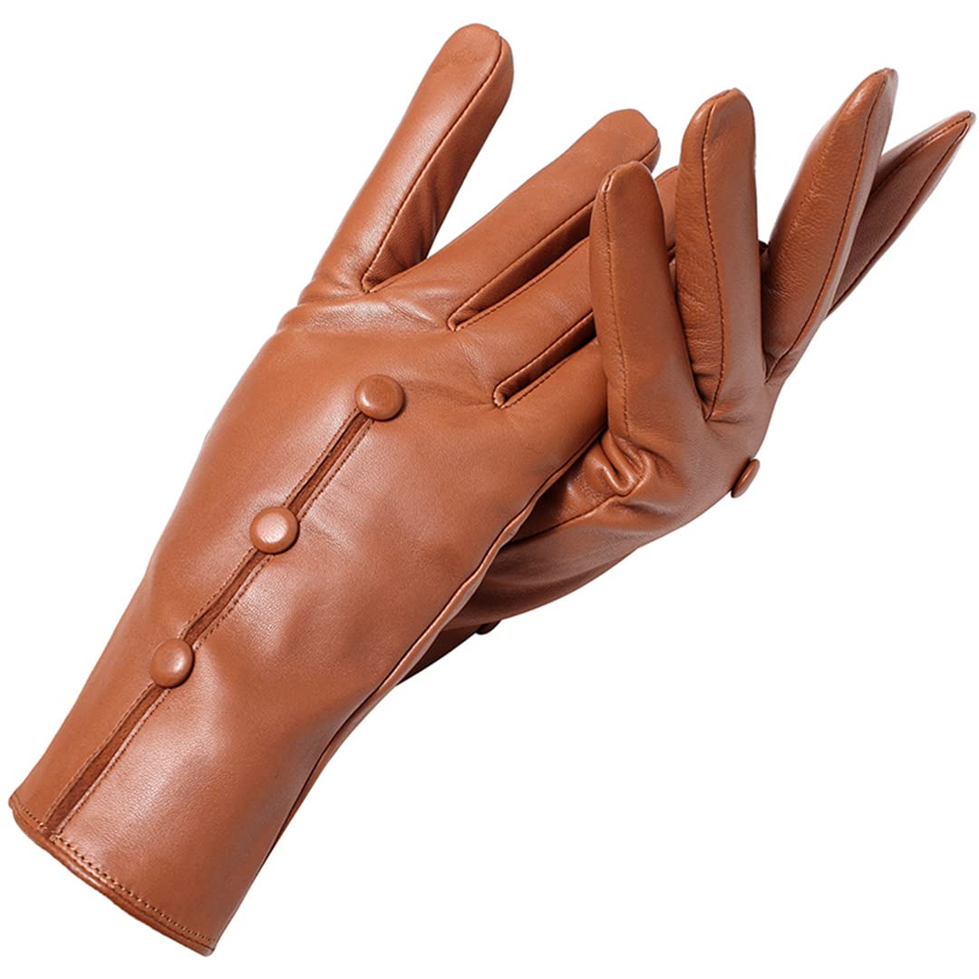 Guanti in pelle vintage moda femminile Guanti da polso da ciclismo invernali da donna con design a scatto caldo Brown 40