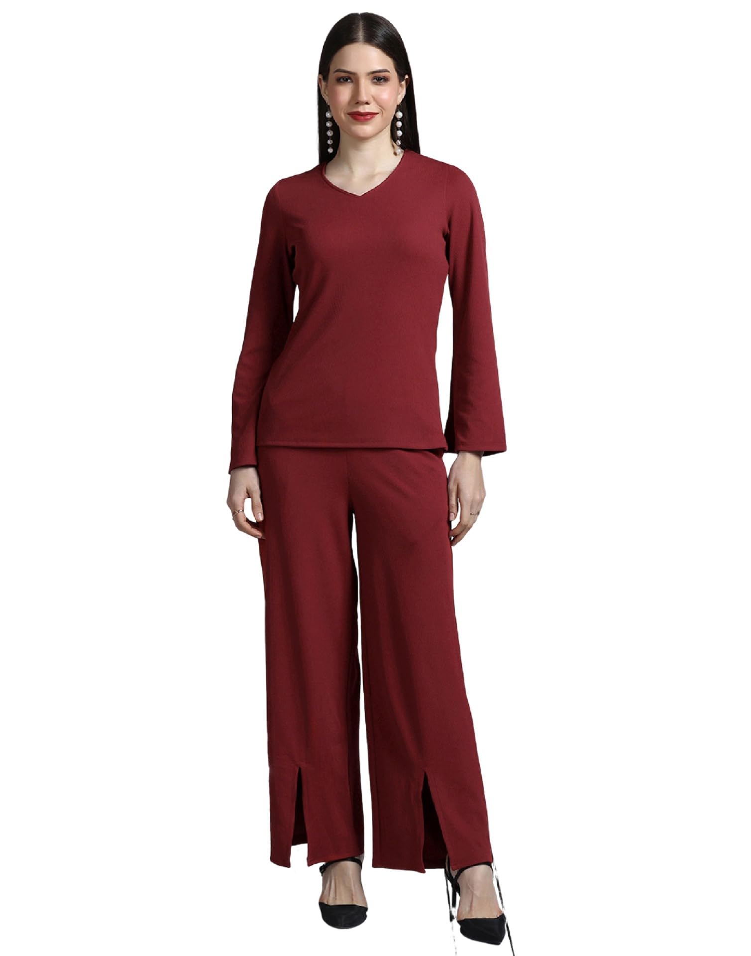 Maroon Solid Lycra Co-Ord Set for Women with Long Sleeve Top and Wide-Leg Pants-image-38