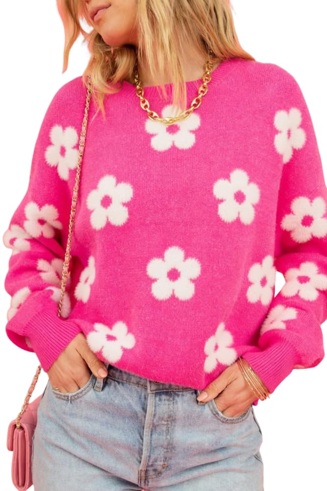 Image of Women's Bright Pink Fuzzy Valentine Hearts Drop Shoulder Sweater Casual Heart-Shaped Long Sleeve Pullover Tops