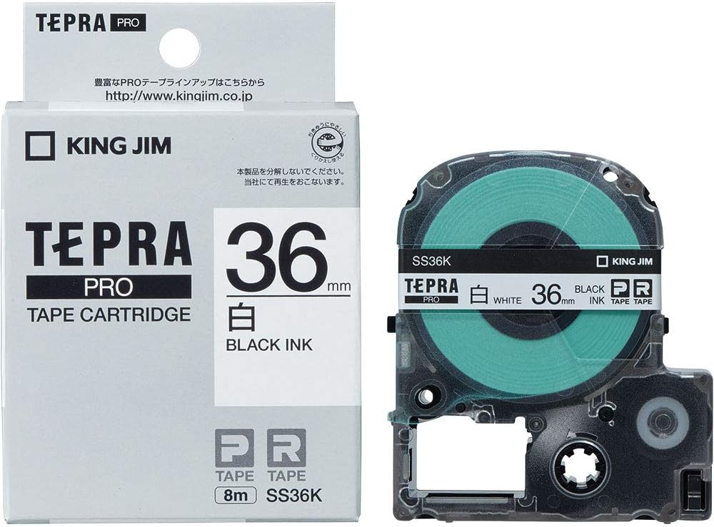 KING JIMSS36K Tepra PRO Tape Cartridge, 1.4 inches (36 mm), White Label/Black Character, Length 22.8 ft (8 m)