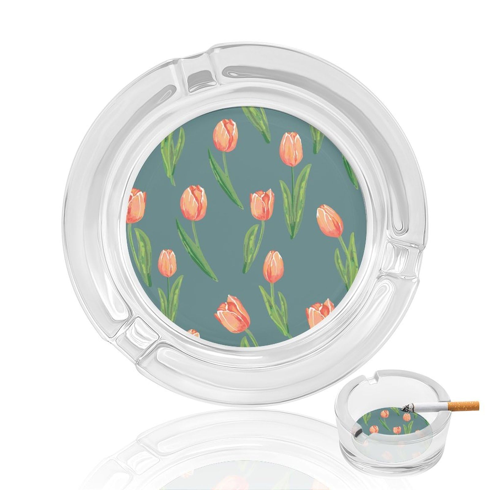 Watercolor Tulip Flo Glass Ashtray 3.3 Inch Round Cigarette Ash Holder with 4 Grooves for Home Office Outdoor One Size