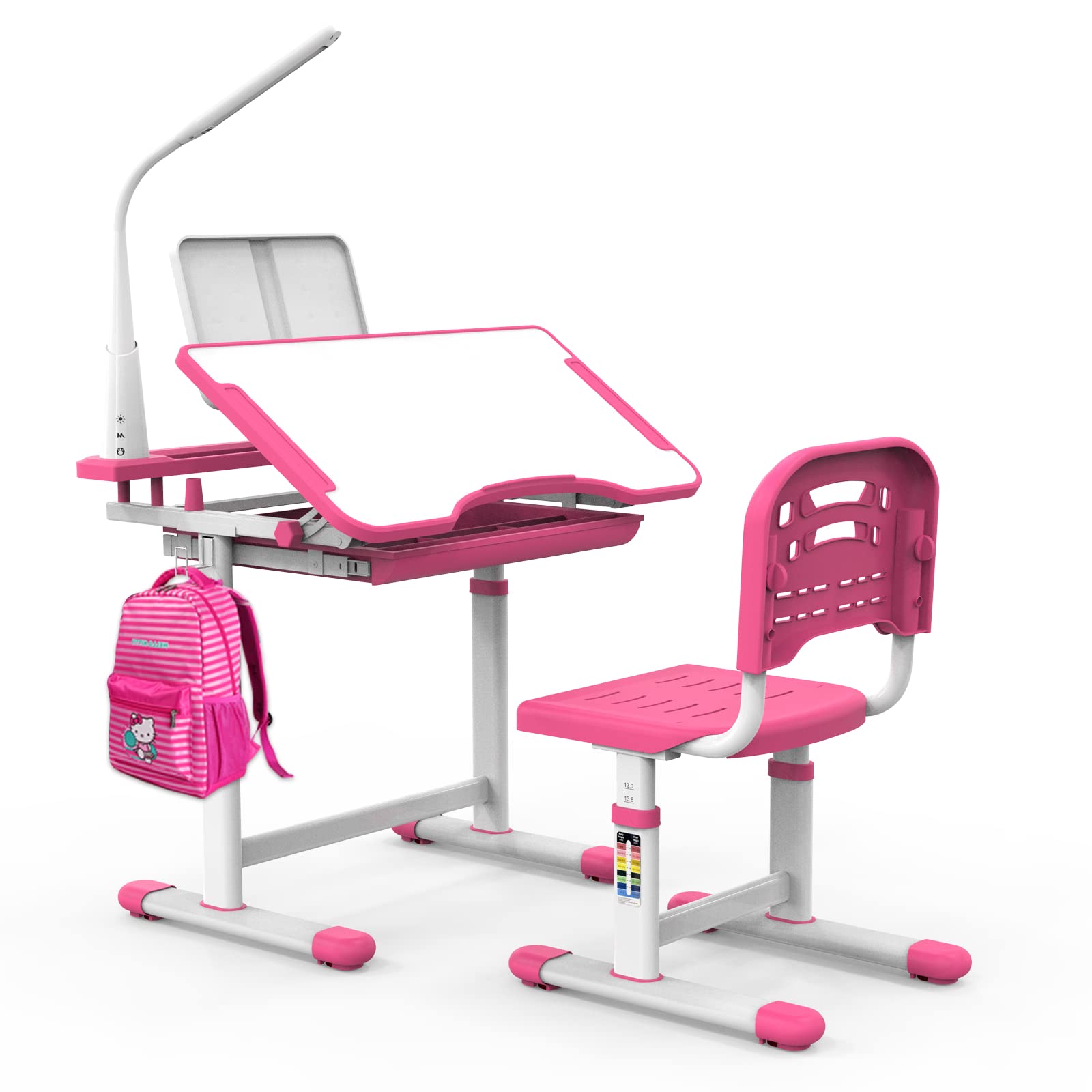 BELANITAS Kids Desk with Lamp,Height Adjustable Kids Desk and Chair Set 40 Degree Tiltable Desktop Desk for Kids, Kids Desk Chairs for Girls with Storage