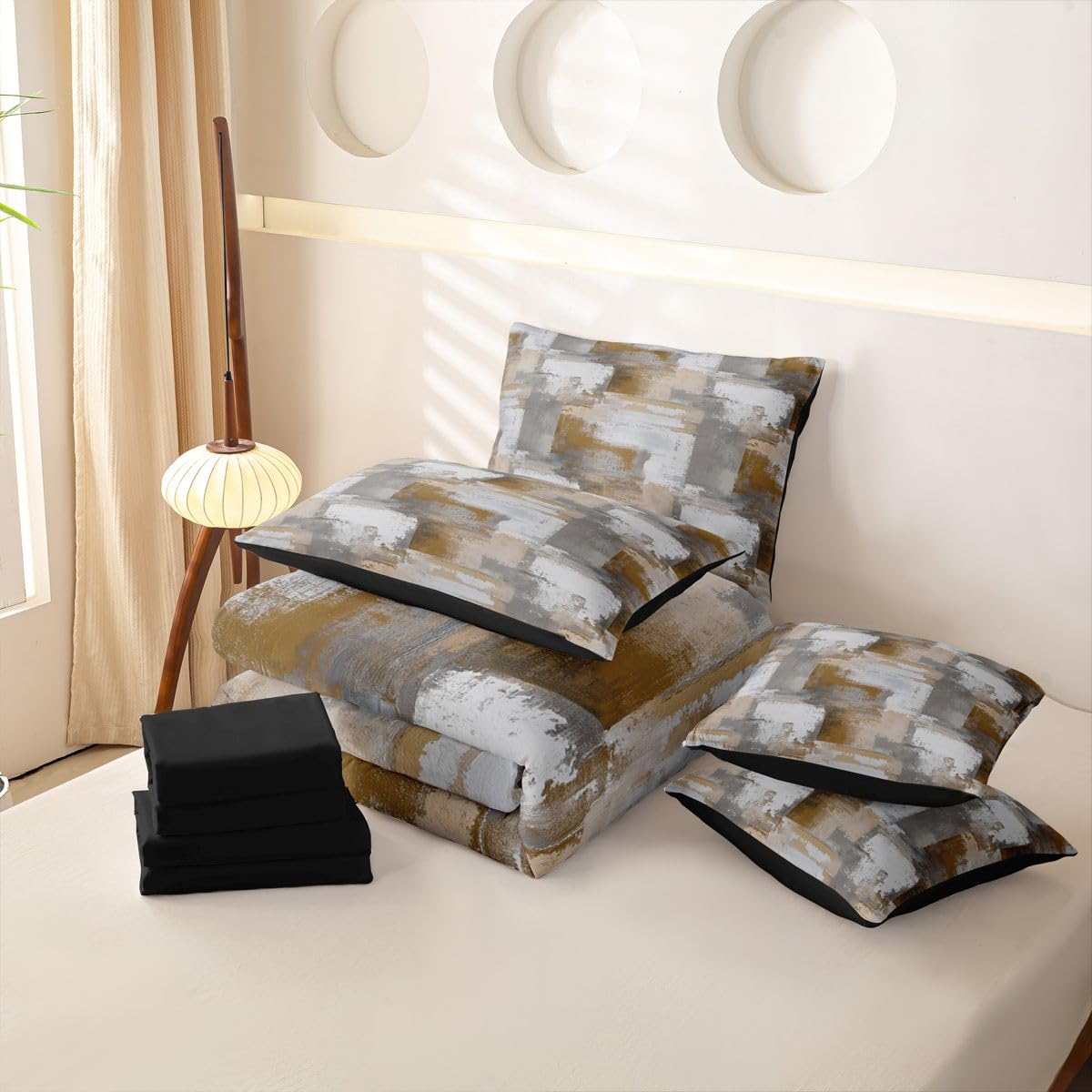 Loussiesd Set di biancheria da letto con copripiumino singolo astratto con lenzuola, per bambini, ragazzi e ragazze, motivo geometrico, marrone, grigio, ombré, 7 pezzi, moderno, sfumato, decorazione