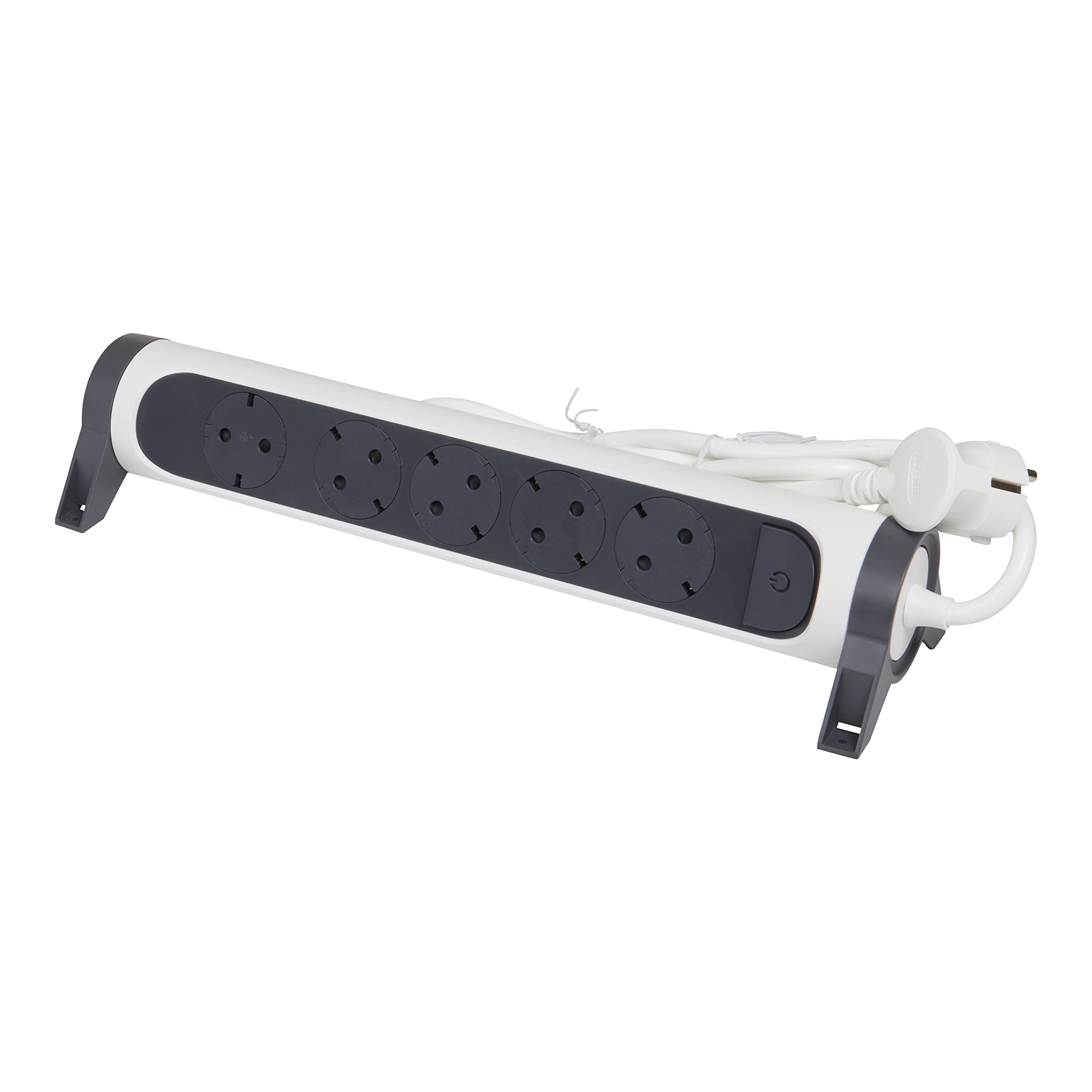 LEGRAND, Drehbare Steckdosenleiste, 5-fach Steckdose, Mehrfachsteckdose, Wand- oder Tischmontage, LED-Ein/Aus-Schalter, 5m Kabel, Ultraweiß/Dunkelgrau, 694542