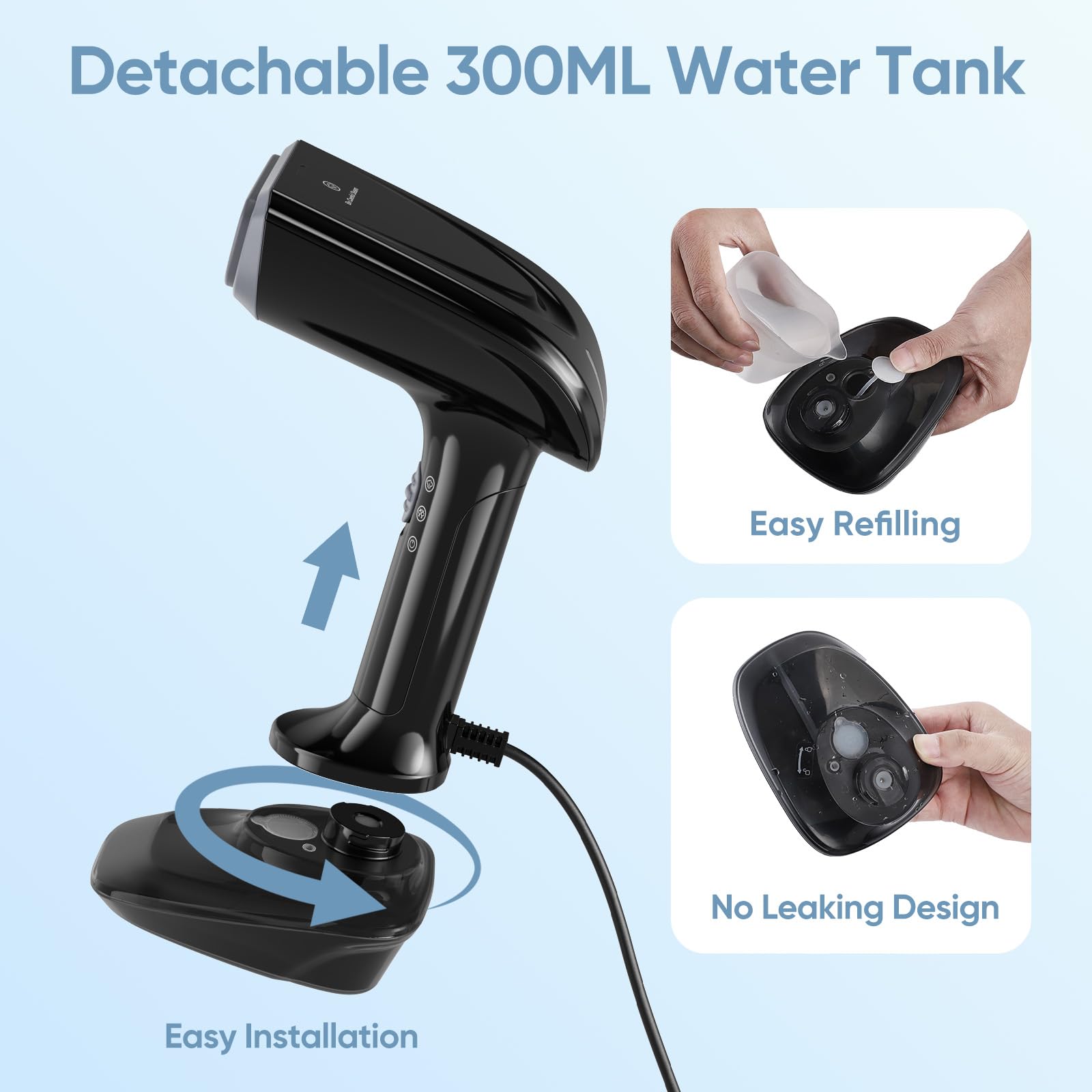 Lisseur à vapeur portable, 1200 W, temps de chauffe de 30 secondes, pression de vapeur de 23 g/min, réservoir d'eau amovible de 300 ml, fer à repasser et défroisseur 2 en 1, défroisseur à main (Noir)