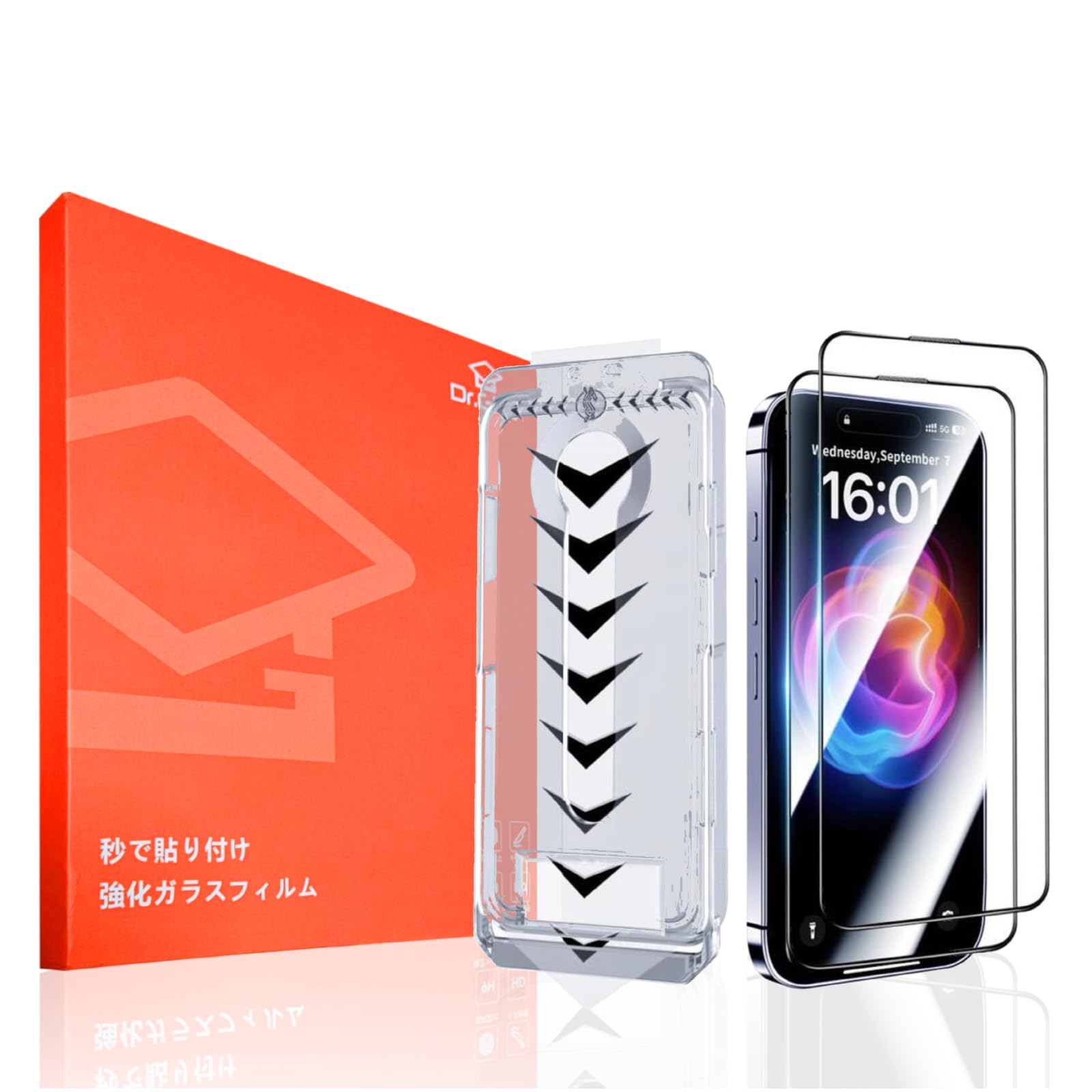 【2枚セット】Dr.Glee ガラスフィルム iPhone 16ProMax 用 強化ガラス 保護フィルム ガイド枠付き 高透過率 HD透明 液晶画面 硬度9H 光沢仕樣 自動除塵 超簡単貼り付け 耐衝撃 指紋防止 ガイド枠付き 抗スクラッチ 気泡なし