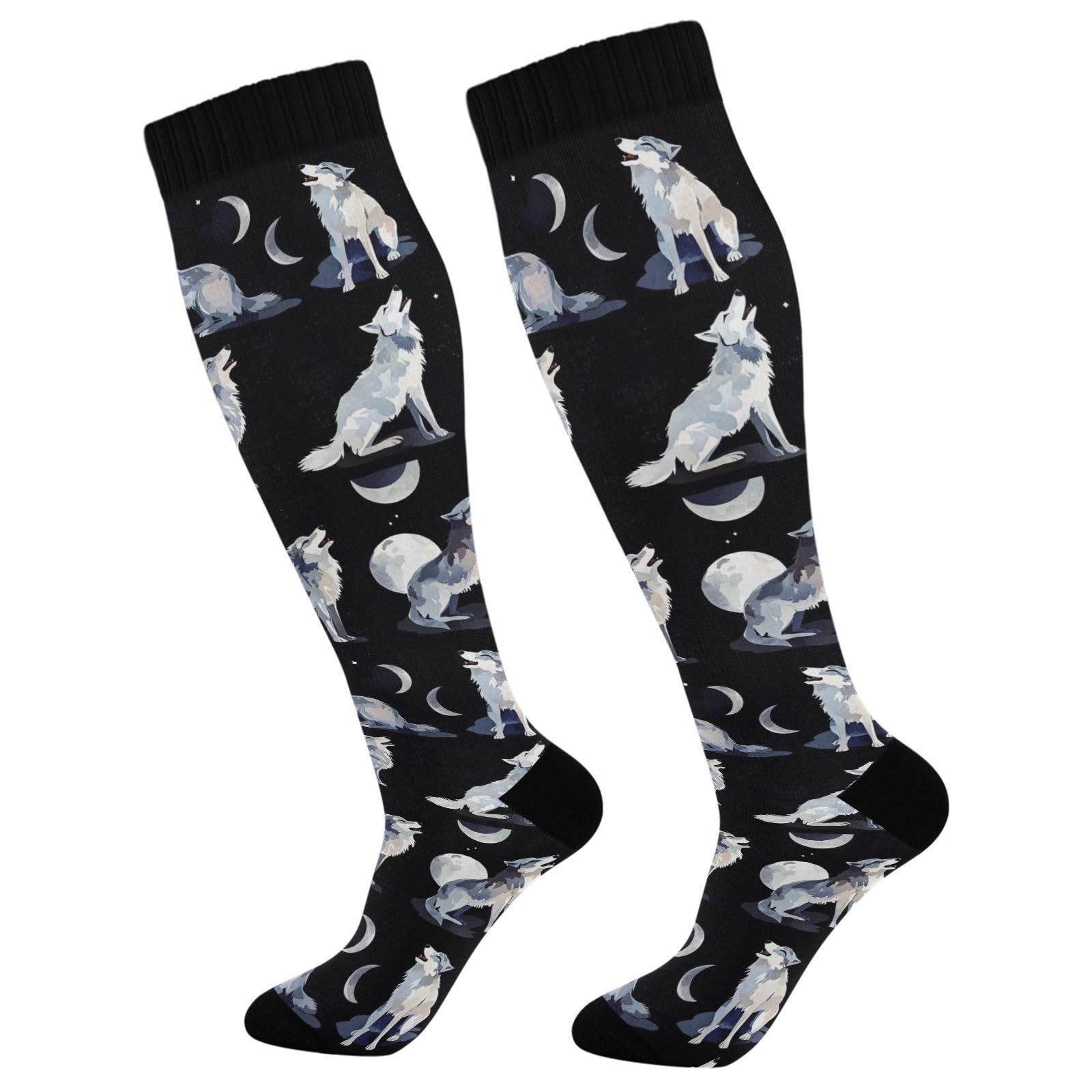 Jucciaco Moon Wolf Black Two Pairs Fun Socks Warm Soft Compression Socks Wear Resisting Easy To Stretch Running Socks