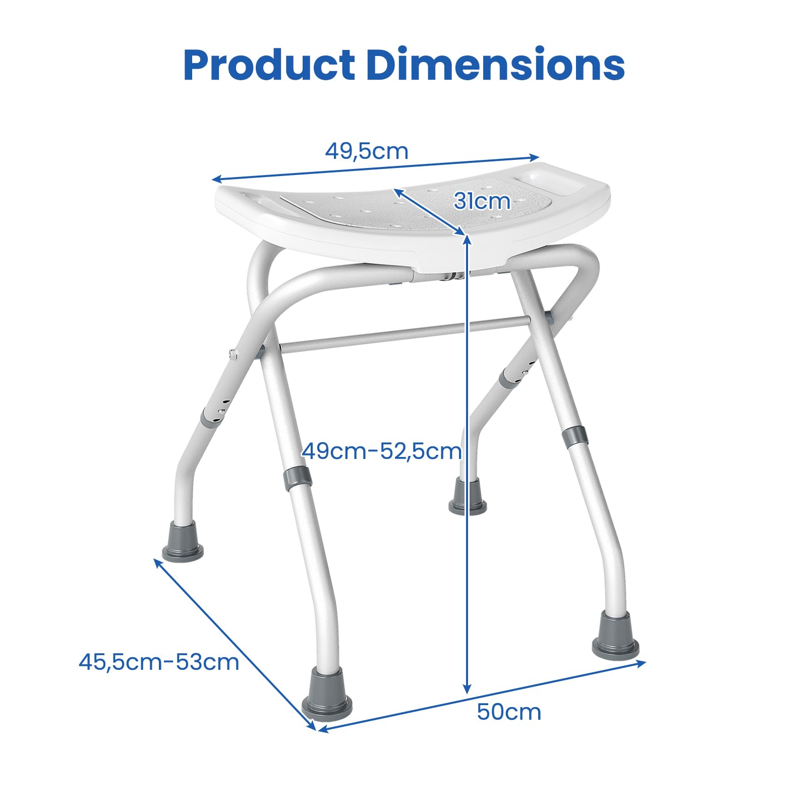 HOMASIS Taburete de Ducha Antideslizante Plegable en Altura de 3 Niveles, Taburete de Baño de Pie con Asiento en Forma de U, para Mayores, Discapacitados, Capacidad de 150 KG (Blanco y Gris)