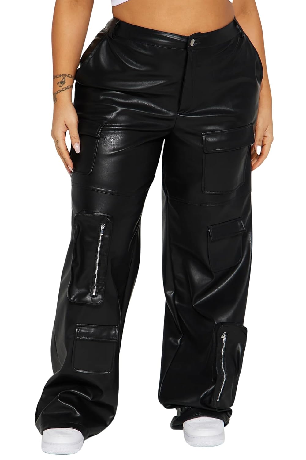 Womens Faux Leather Cargo Pants High Waisted Y2K Leggings Pants with Pockets