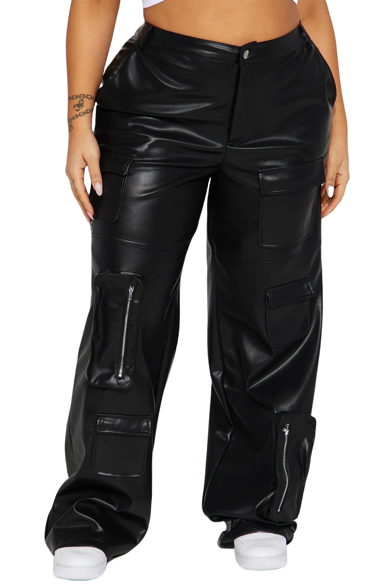 Womens Faux Leather Cargo Pants High Waisted Y2K Leggings Pants with Pockets