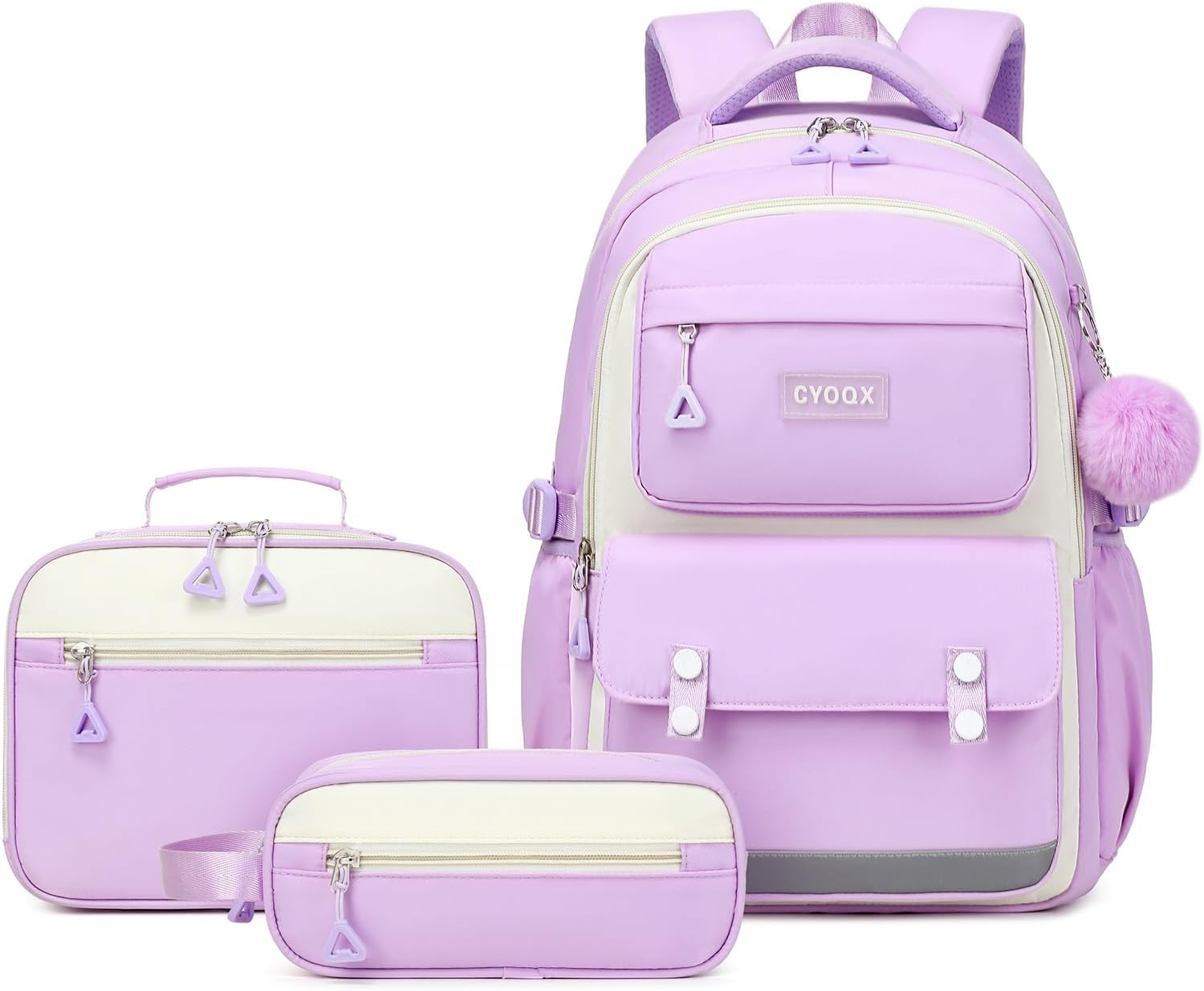 3PCS School Backpack for Girls with Lunch Box Teen Girl Backpack Set Elementary Middle High School Bag Cute Bookbags (Purple 3pcs)