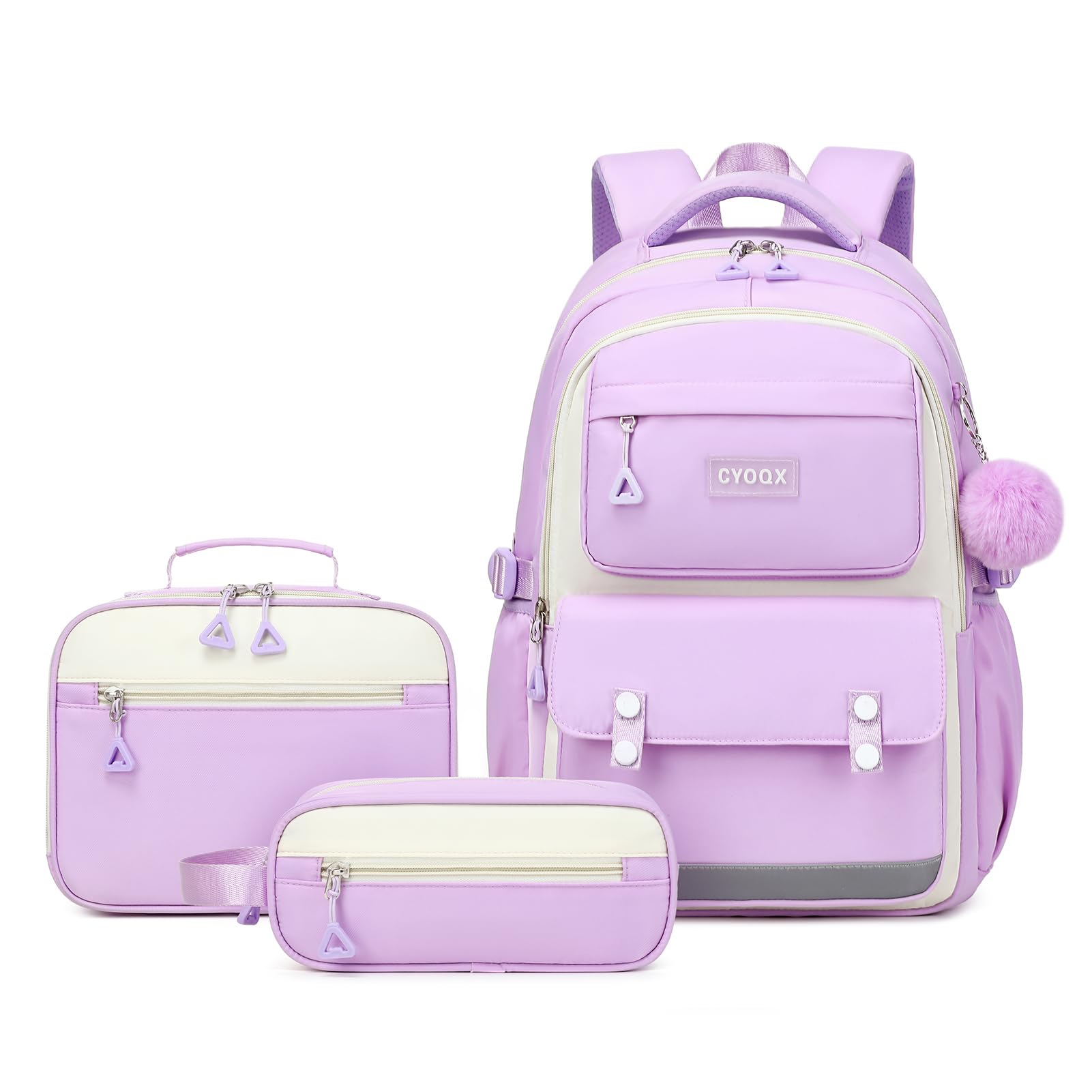CYOQX 3PCS School Backpack for Girls with Lunch Box Teen Girl Backpack Set Elementary Middle High School Bag Cute Bookbags (Purple 3pcs)