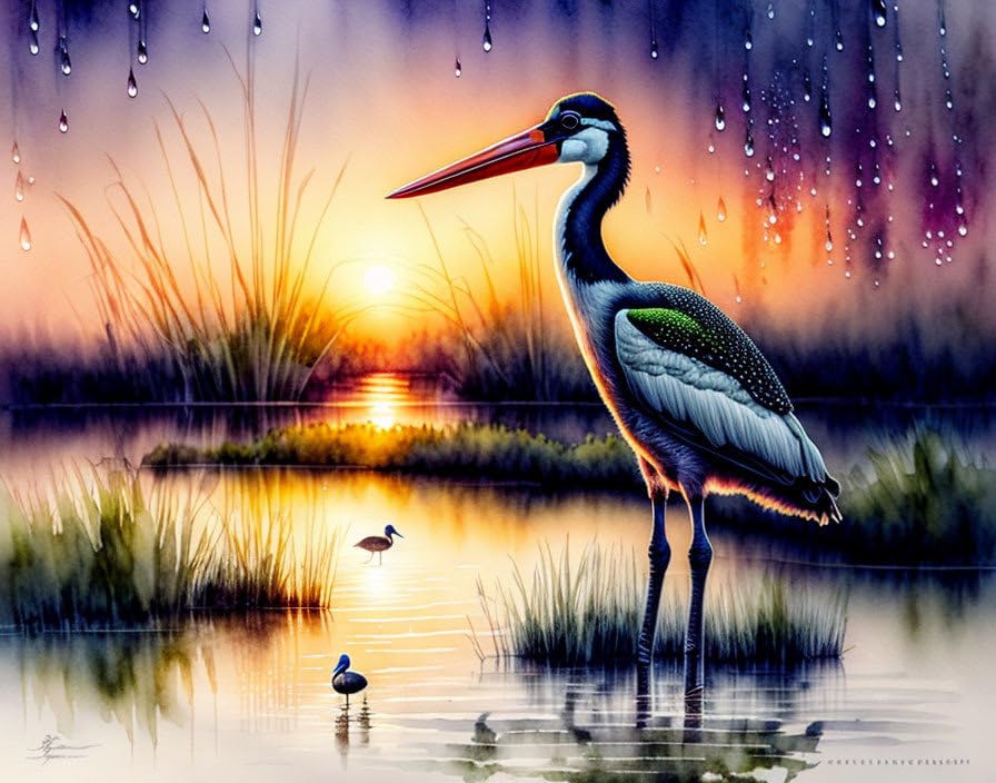 Poster toile cigogne grenouille 58x90 décoration murale zones humides pluie