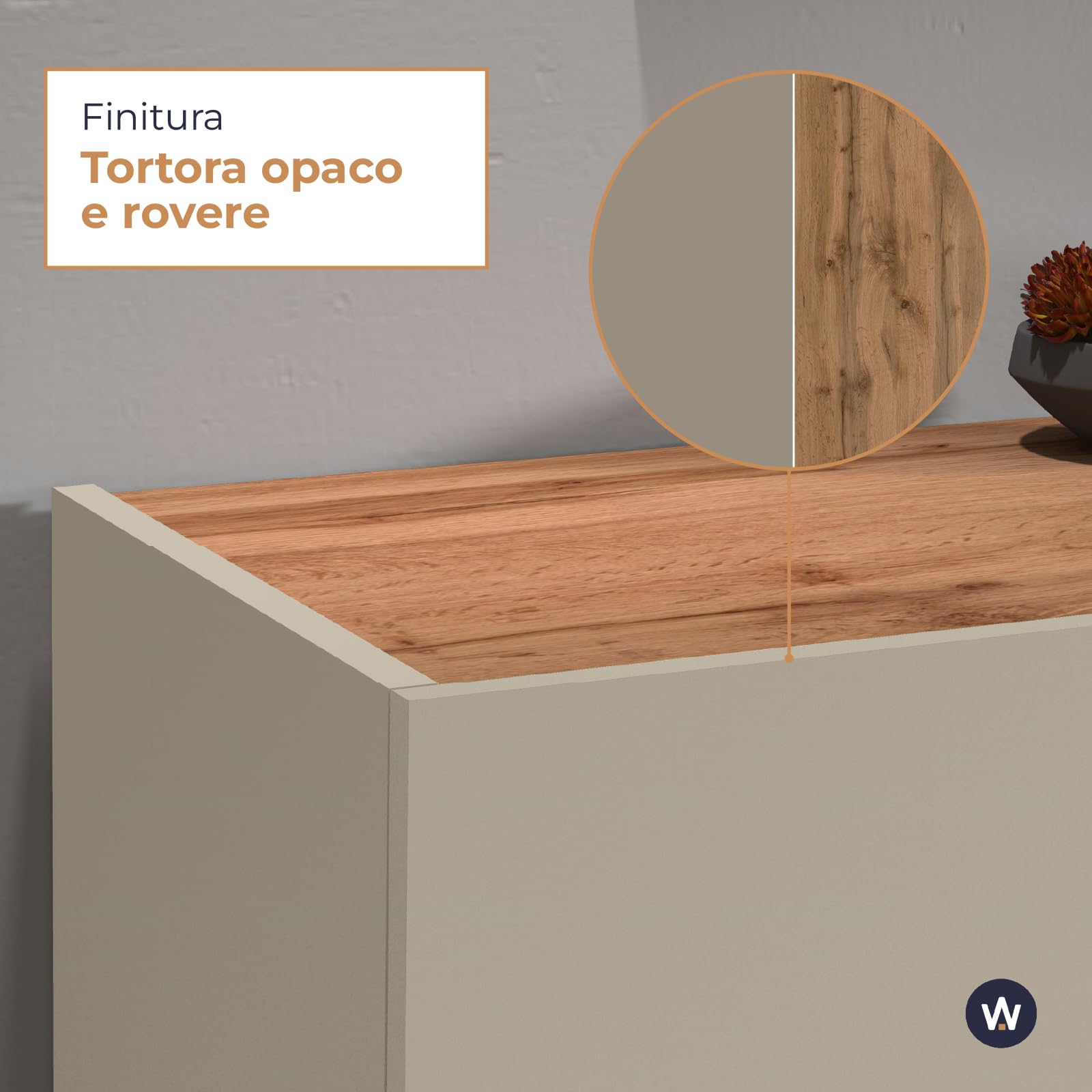 WHOUS Credenza e Buffet GARDA per Soggiorno con 2 Cassetti e 4 Ante, Madia per Salotto, Cucina e Sala da Pranzo in Legno, 160,1x35x70 cm, Tortora Opaco e Rovere