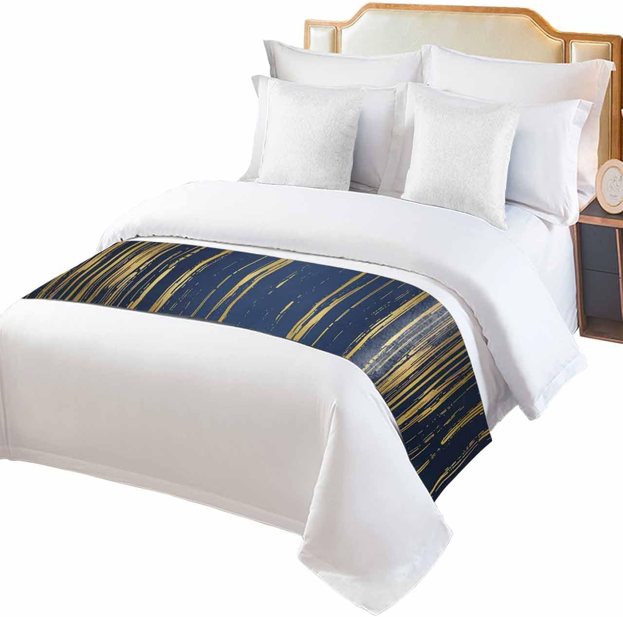 Gold Line on Navy Blue Bed Runners for Bedroom Hotel,Decorative Bedding Scarf Blue Gradient Modern Minimalist Art Bed End Blanket Bedding Runner Scarves for Queen Size Beds,94x20in