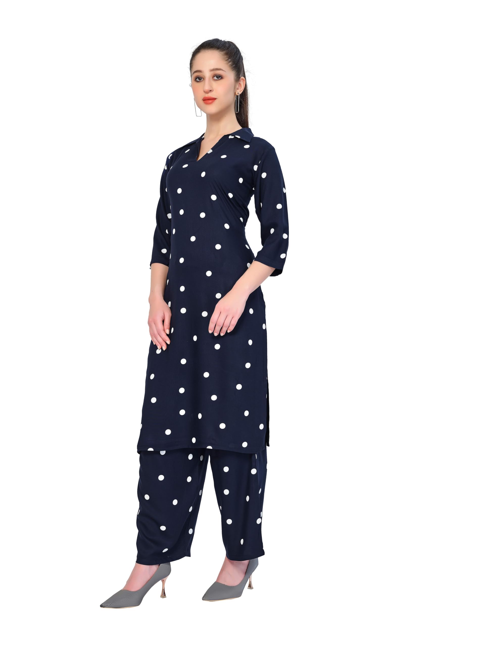 purple & pink Rayon Viscose V-Neck Kurta Pajama Set for Women - Pola Dot Print (Navy Blue) Comfortable Nightwear & Casual Wear | Pyjama Set-picture-11