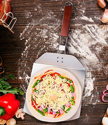 10 Inch Aluminum Pizza Peel, Metal Pizza Spatula Paddle with Foldable Wood Handle and Pizza Cutter for Baking Homemade Pizza and Bread